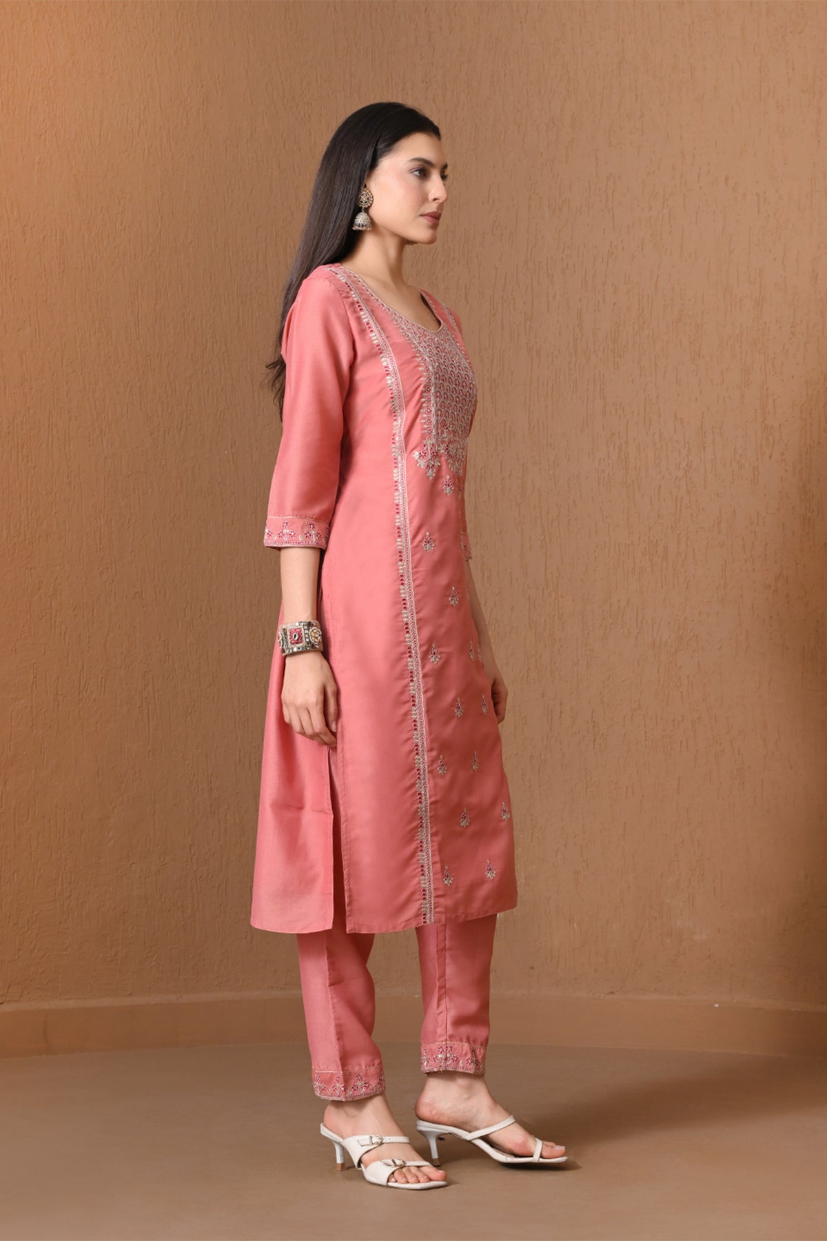 Peach Embroidered Kurta 3 Pcs Set