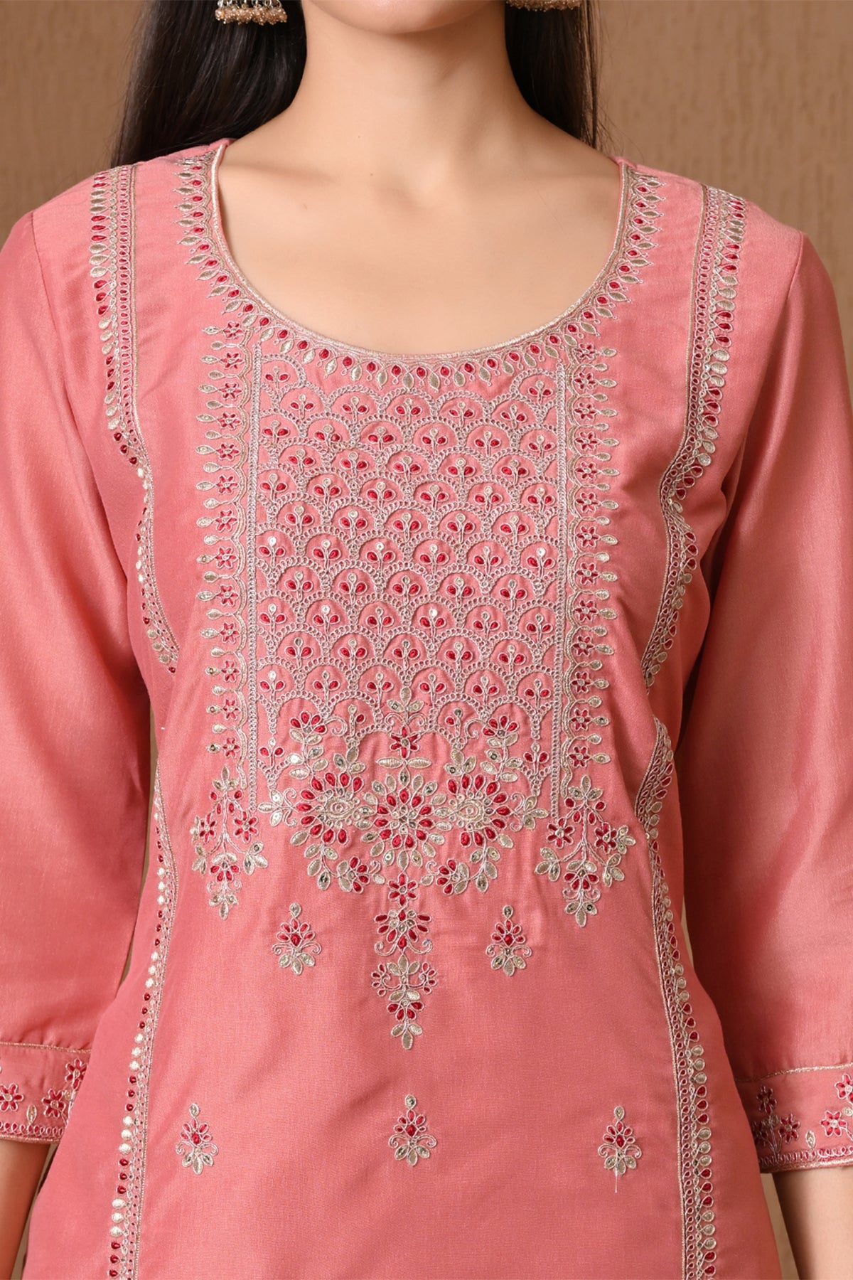 Peach Embroidered Kurta 3 Pcs Set