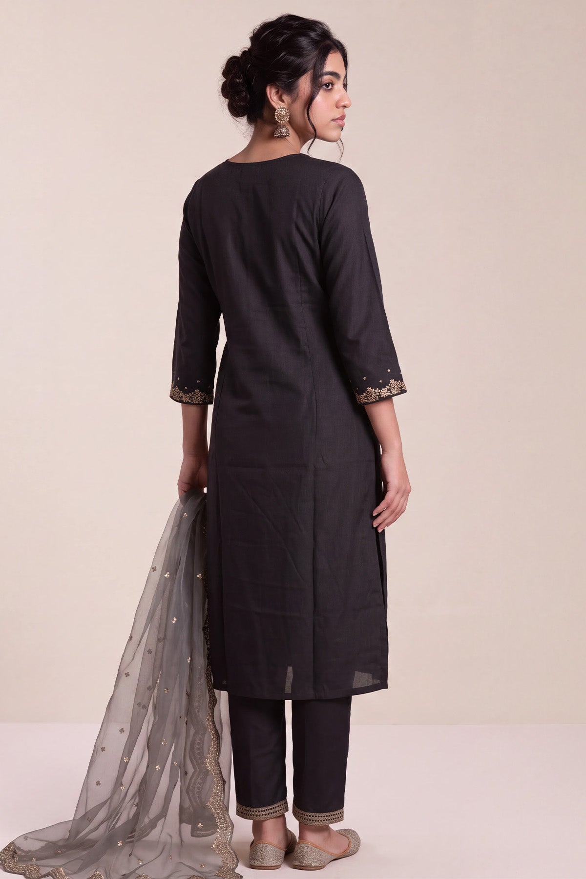 Charcoal Black and Metallic Zari Embroidered Kurta 3 Pcs Set