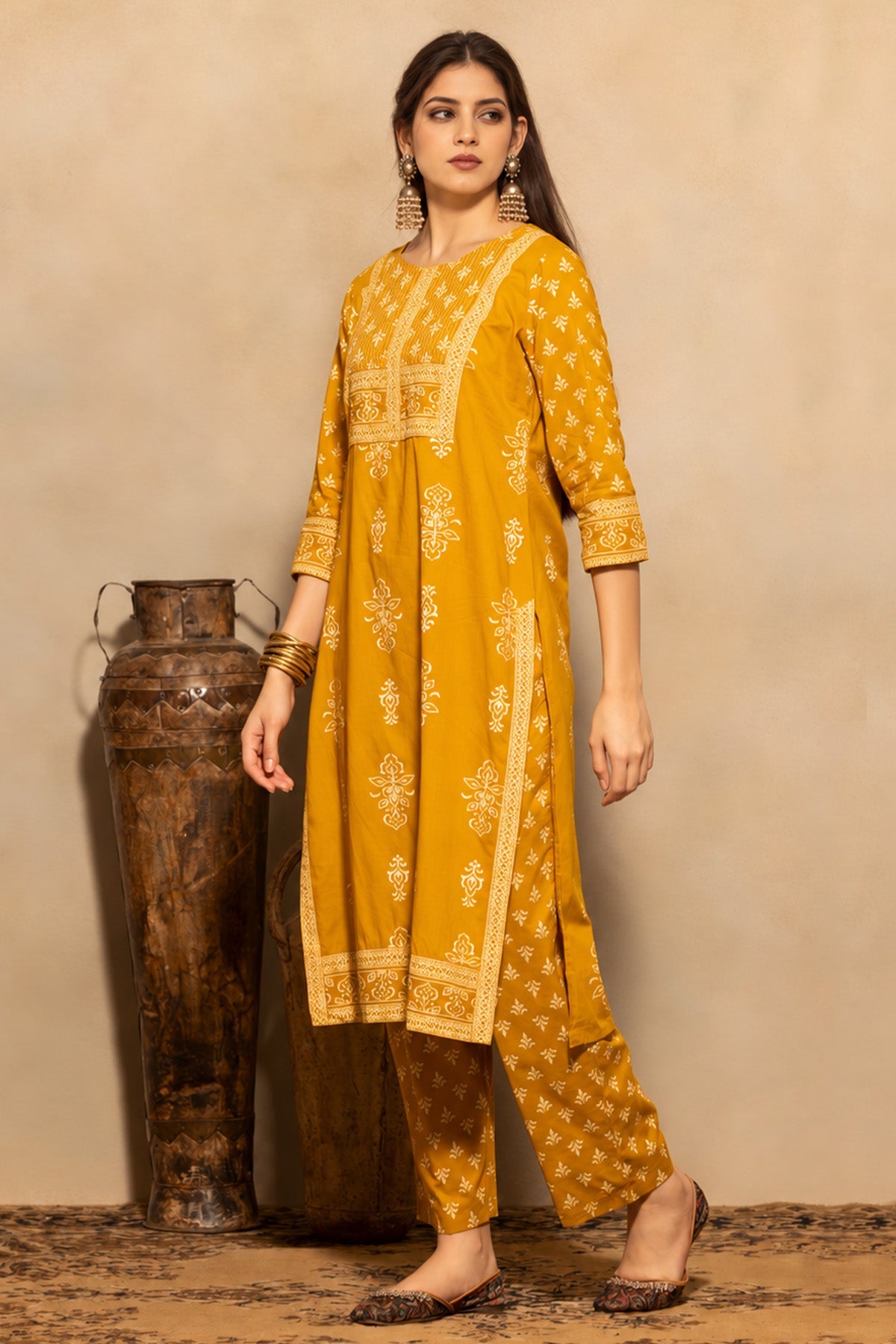 Mustard Floral Printed Kurta 3 Pcs Set