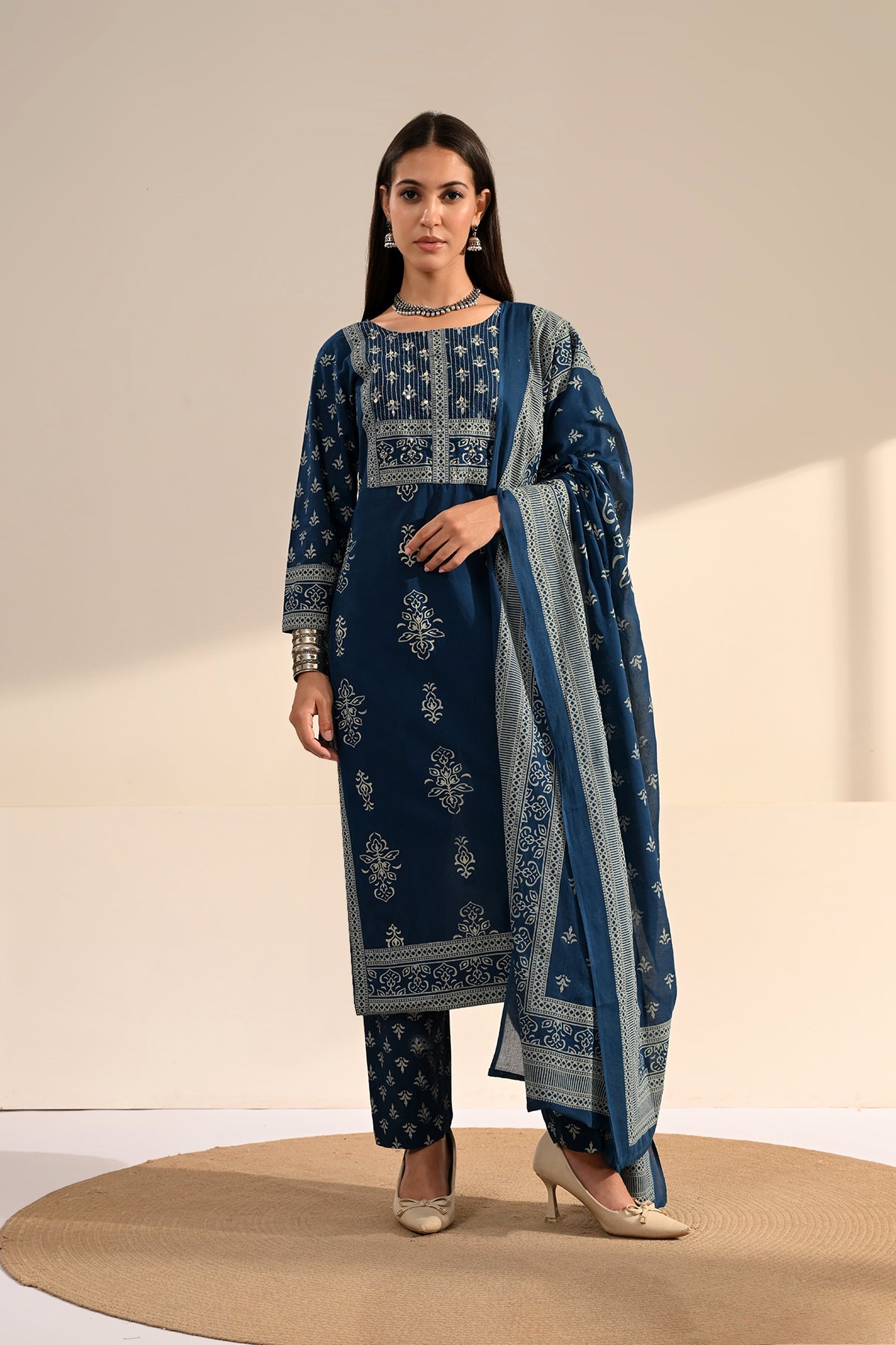 Navy Blue Block-Printed Kurta 3 Pcs Set