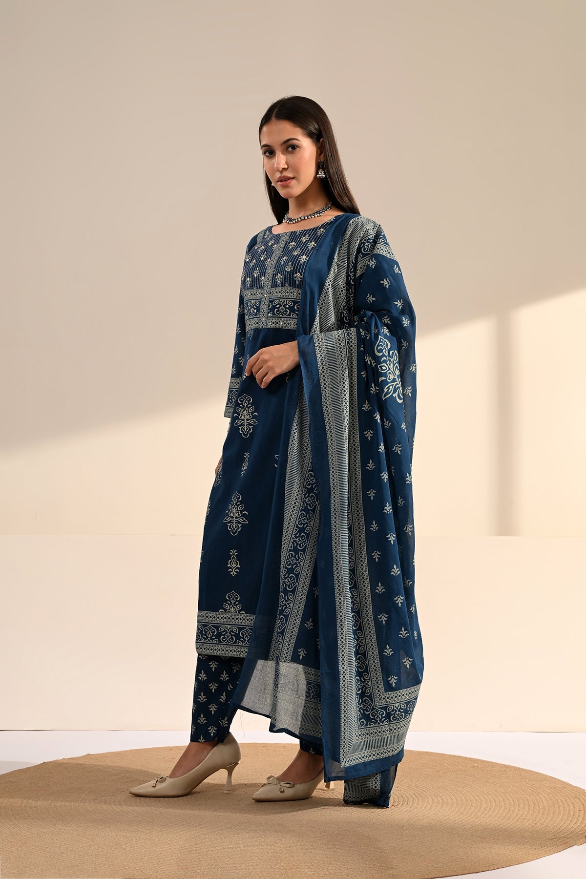 Navy Blue Block-Printed Kurta 3 Pcs Set