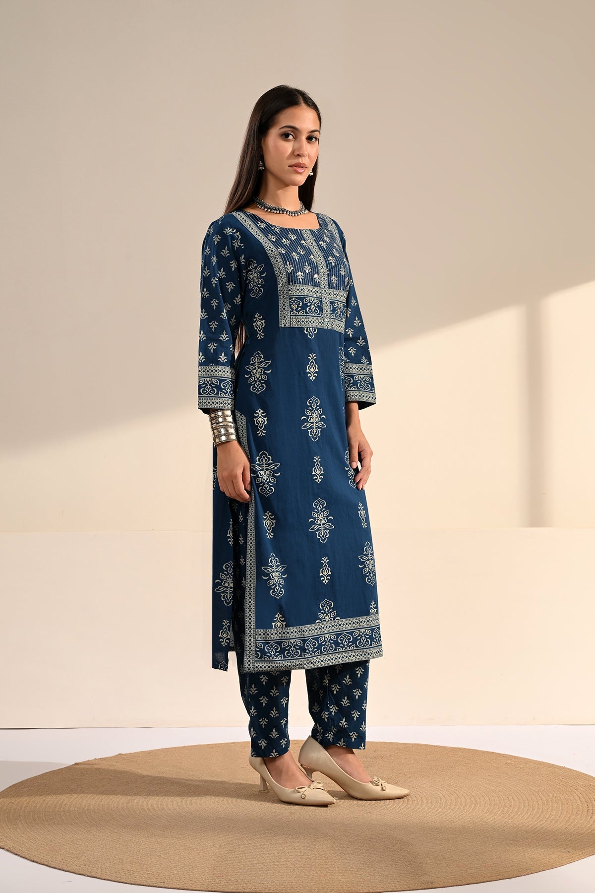 Navy Blue Block-Printed Kurta 3 Pcs Set