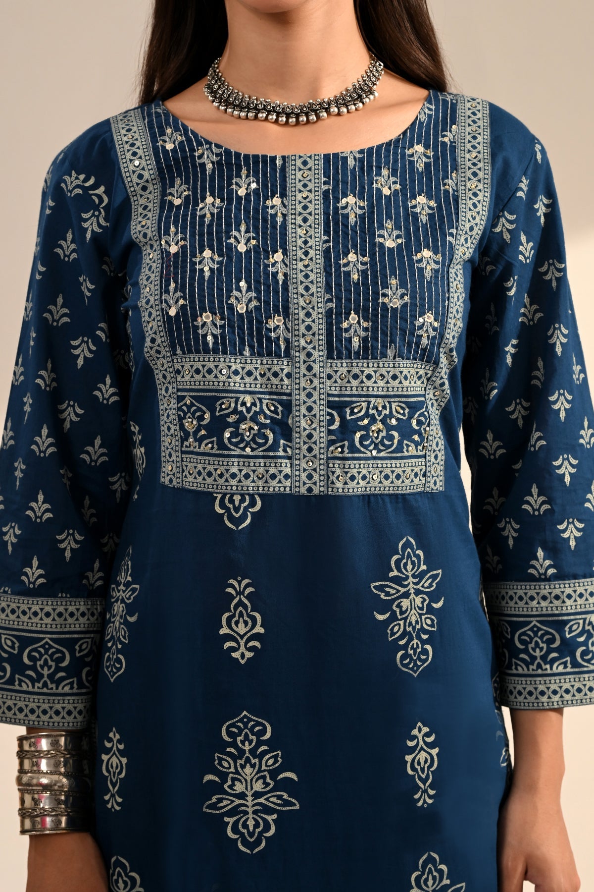 Navy Blue Block-Printed Kurta 3 Pcs Set