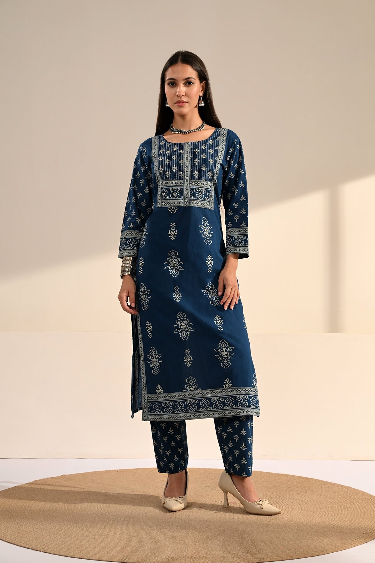 Navy Blue Block-Printed Kurta 3 Pcs Set