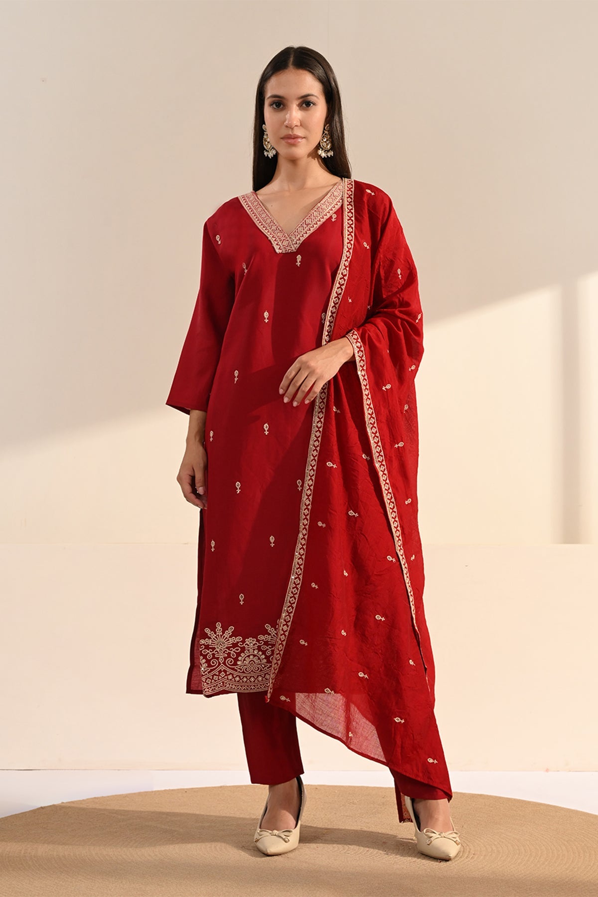 Maroon Sequin-Embroidered Kurta 3 Pcs Set
