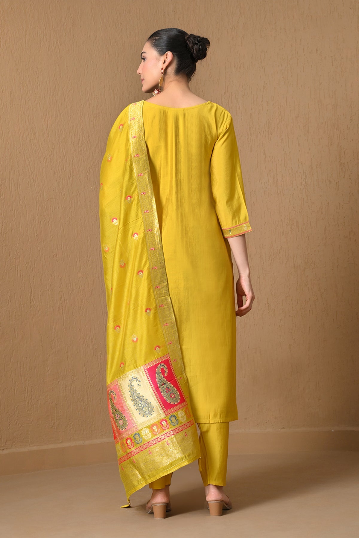 Yellow Embroidered Chanderi Kurta 3 Pcs Set