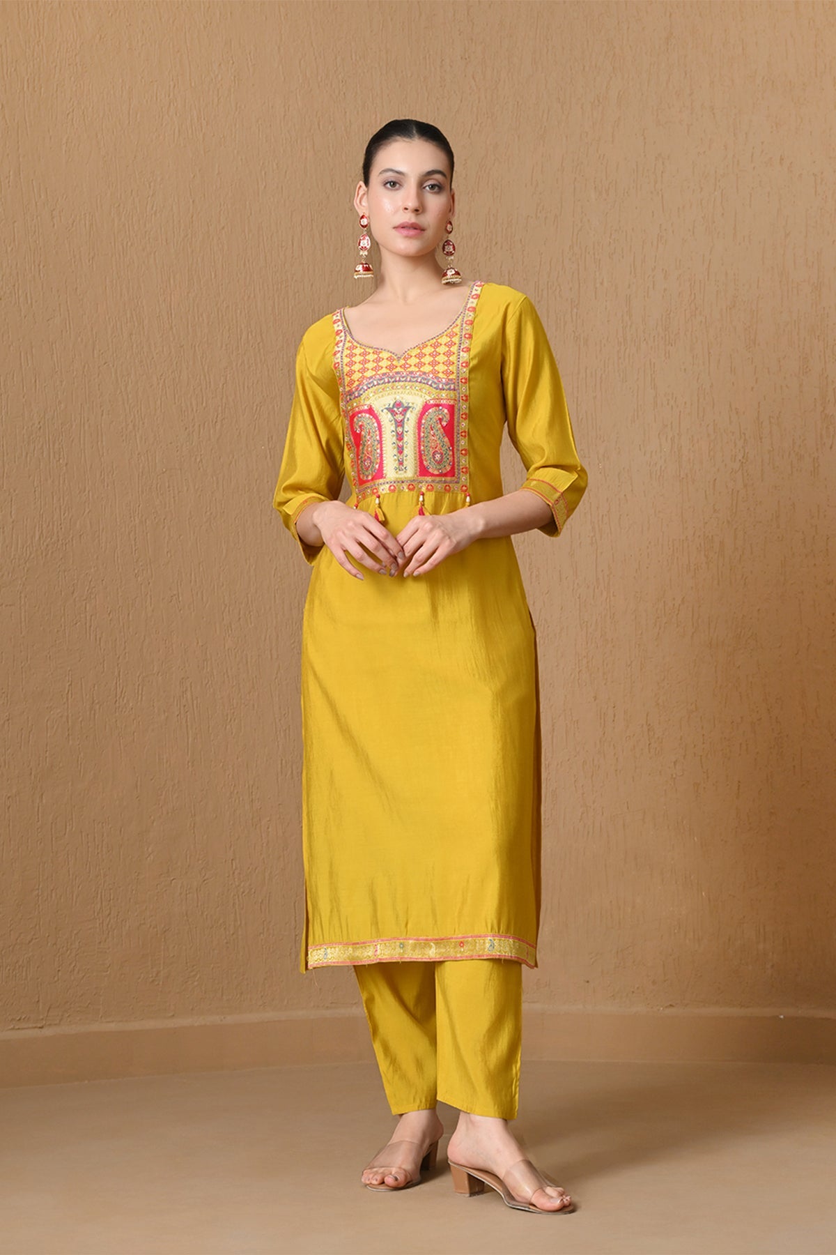 Yellow Embroidered Chanderi Kurta 3 Pcs Set