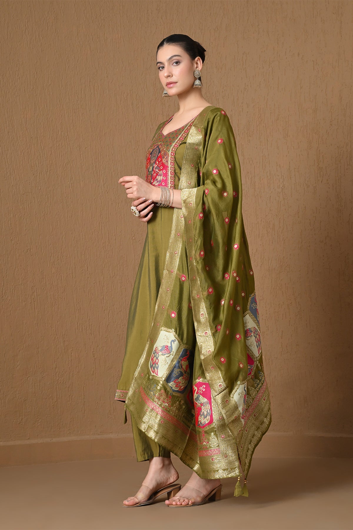 Olive Green Embroidered Kurta 3 Pcs Set