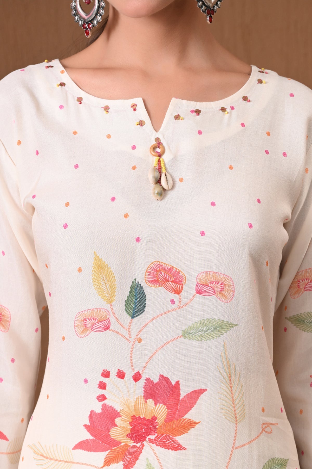 Cream Floral Printed Muslin 3 Pcs Kurta Set