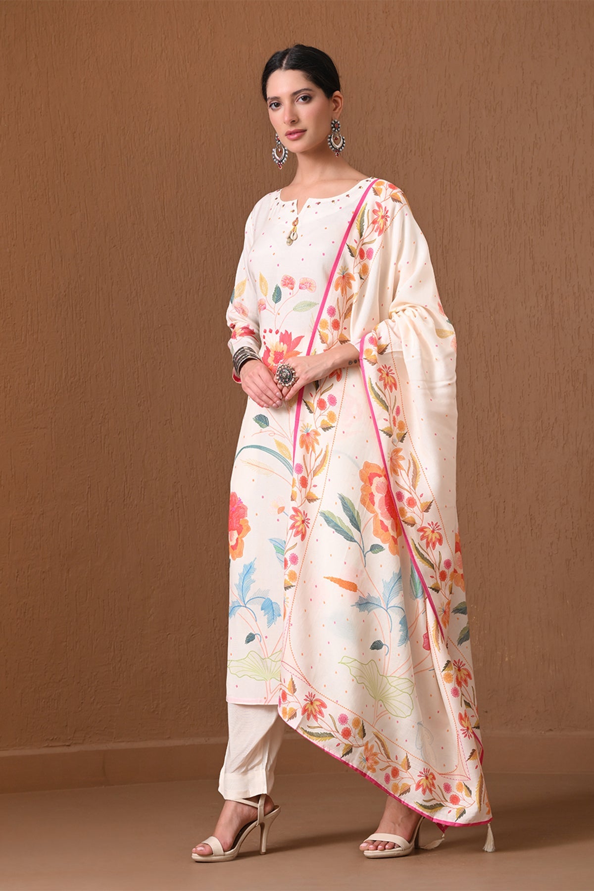 Cream Floral Printed Muslin 3 Pcs Kurta Set