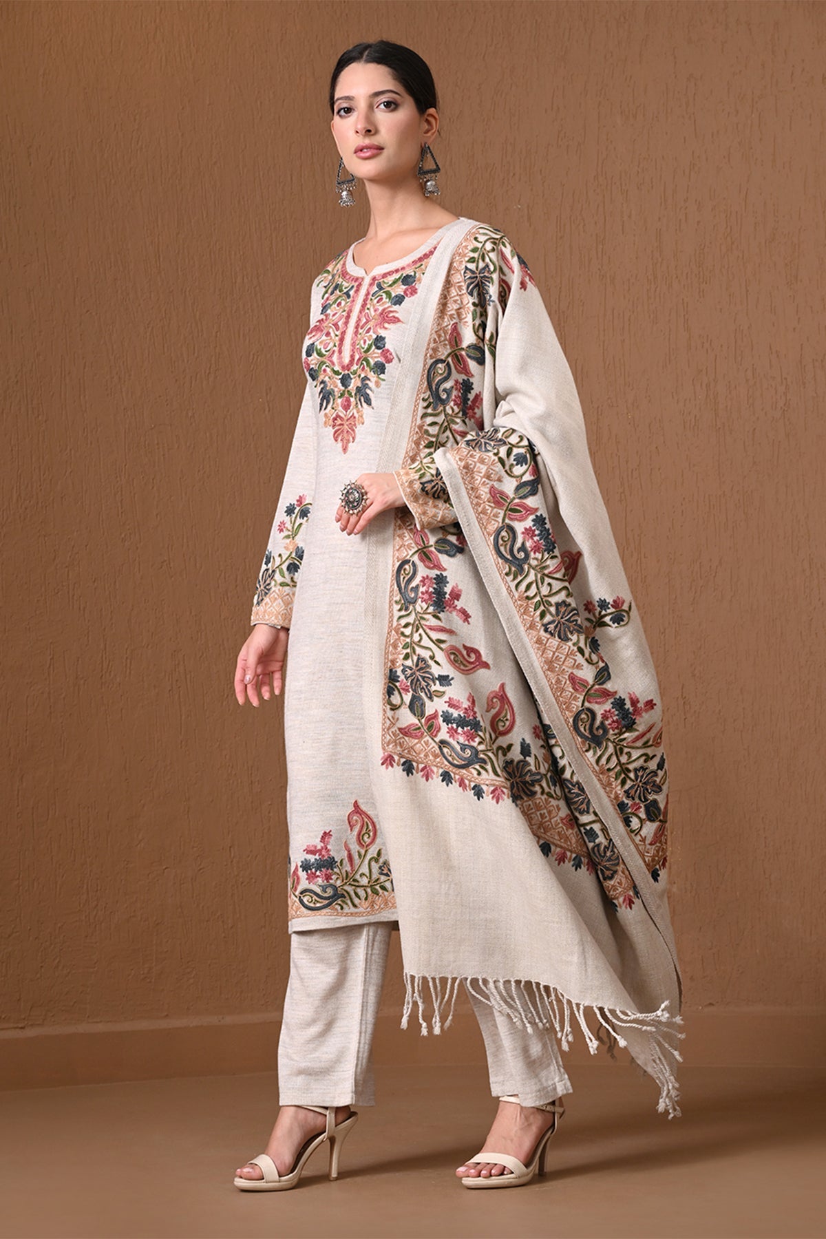 Winter Cream Embroidered Woolen Kurta 3 Pcs Set