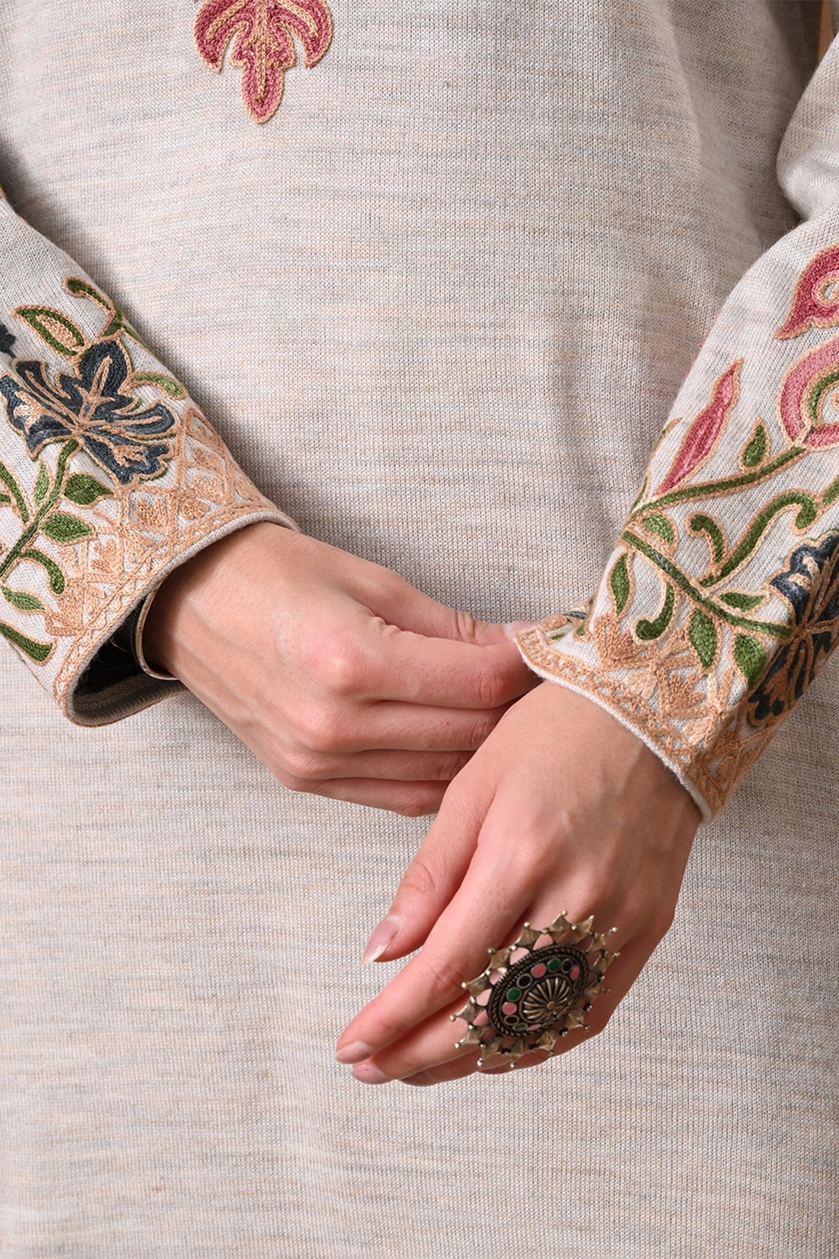 Winter Cream Embroidered Woolen Kurta 3 Pcs Set
