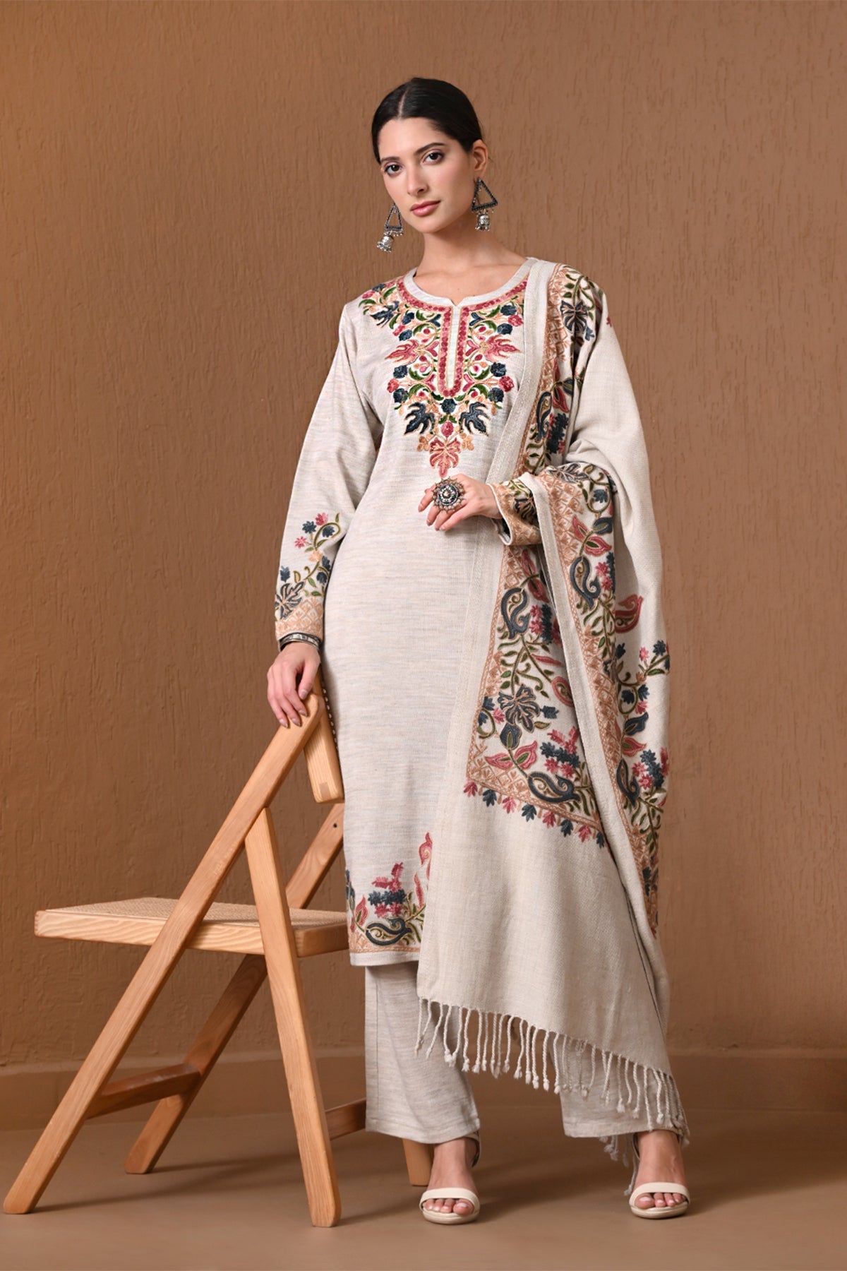 Winter Cream Embroidered Woolen Kurta 3 Pcs Set