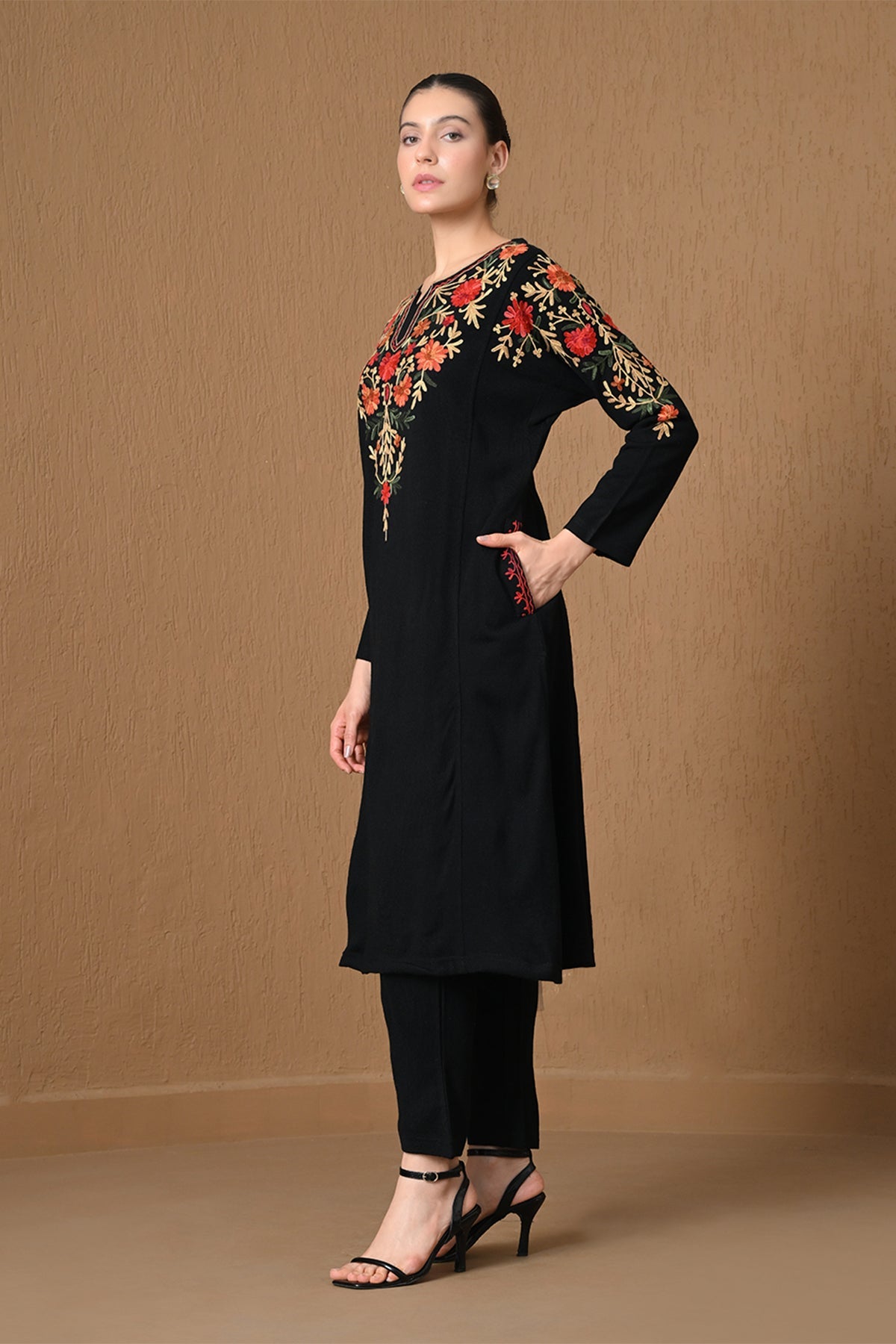 Winter Black Floral Embroidered Woven Kurta 2 Pcs Set