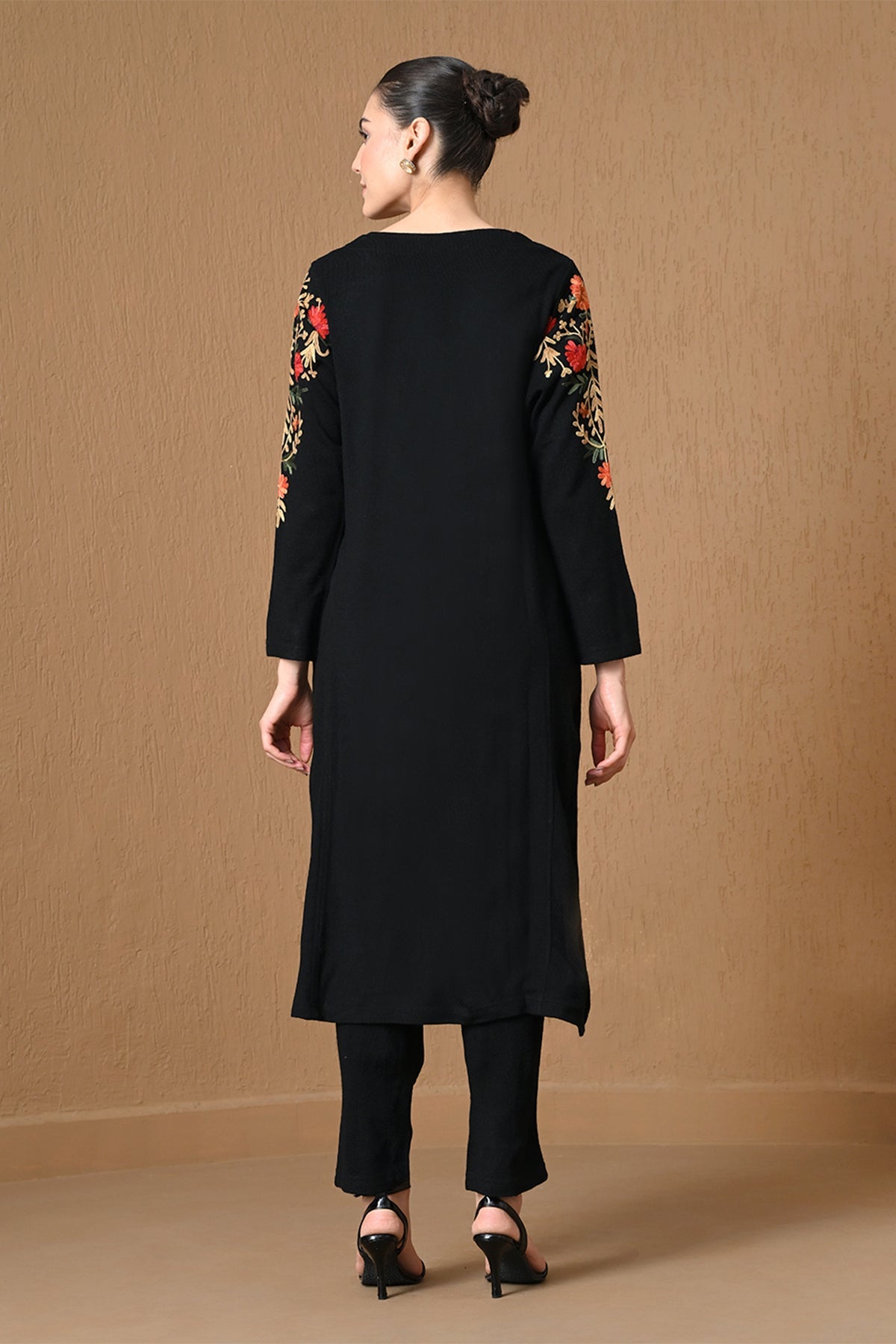 Winter Black Floral Embroidered Woven Kurta 2 Pcs Set