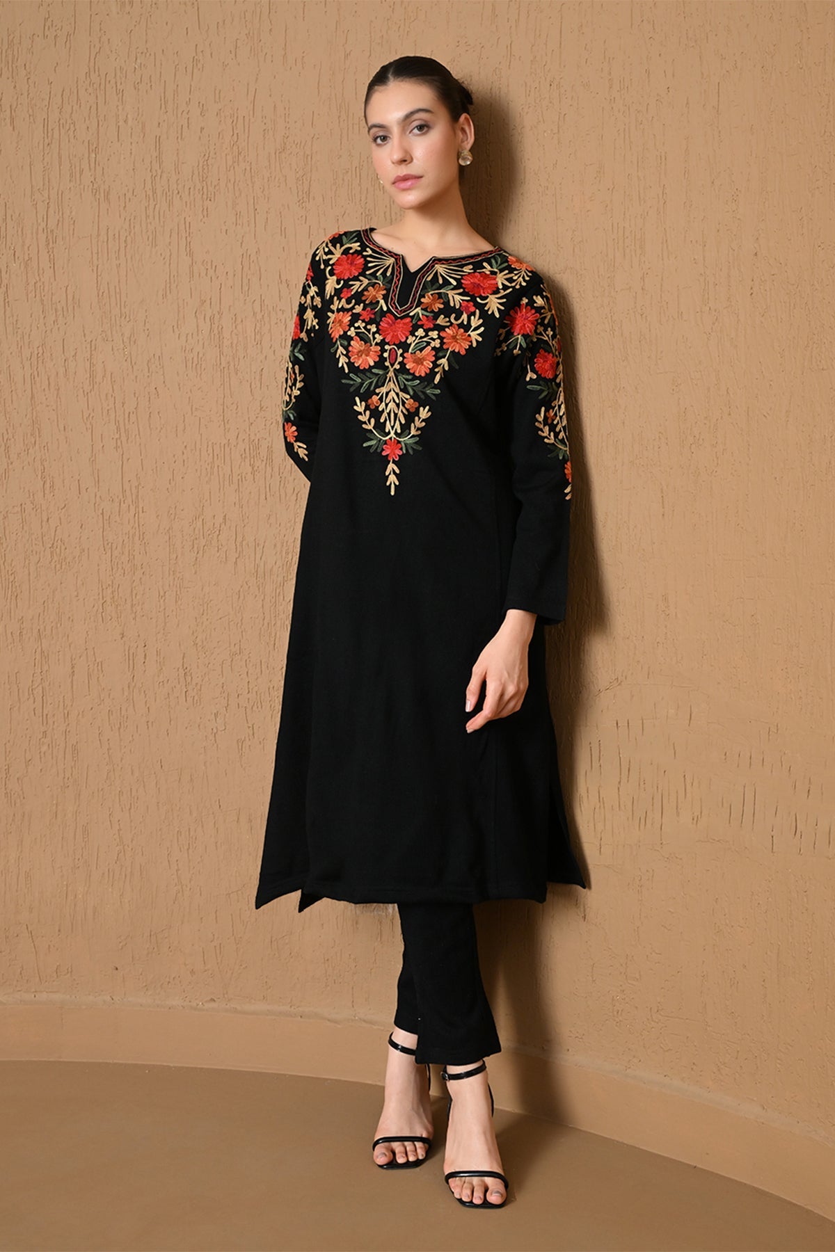 Winter Black Floral Embroidered Woven Kurta 2 Pcs Set