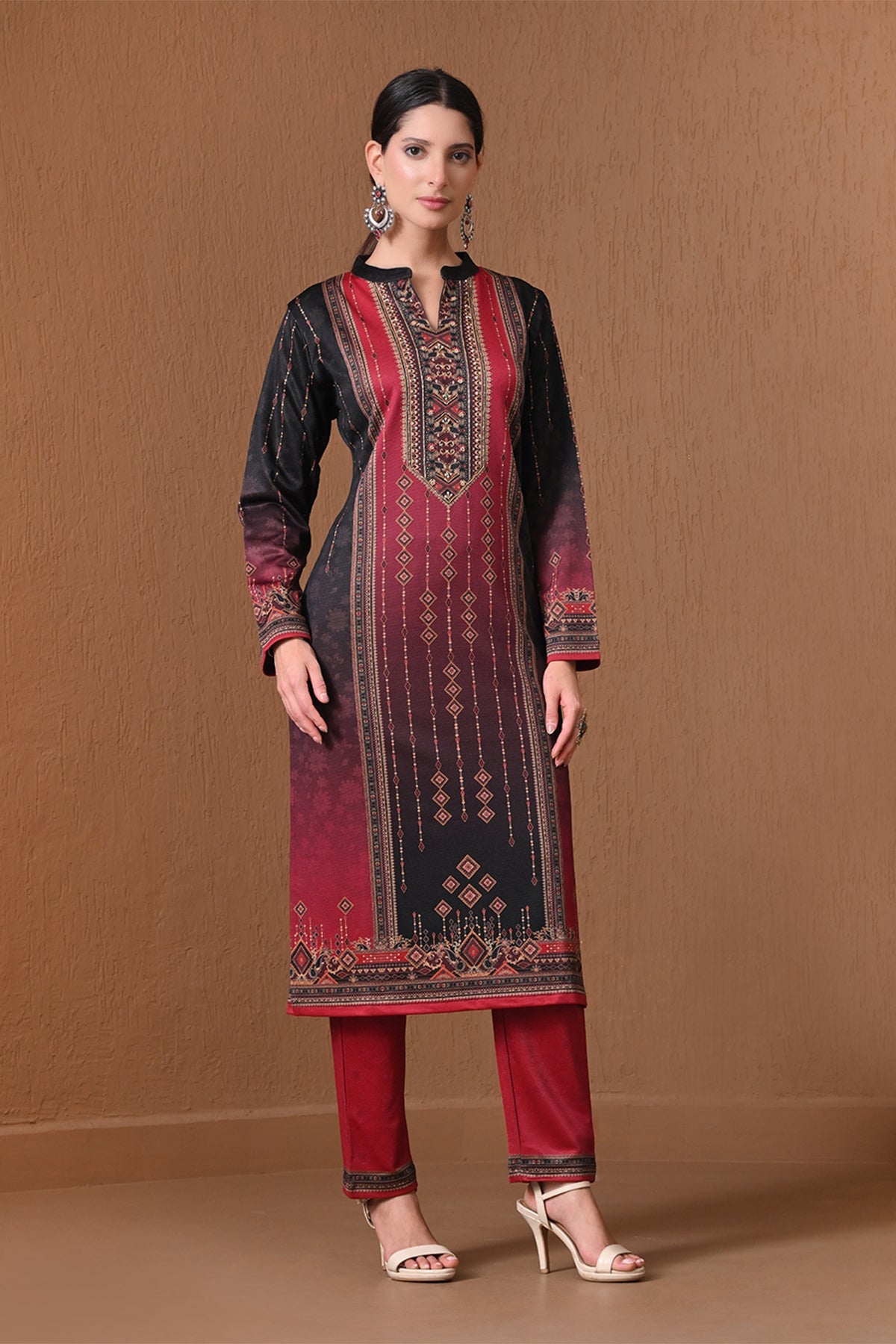 Winter Red and Black Ombre Printed Kurta 3 Pcs Set