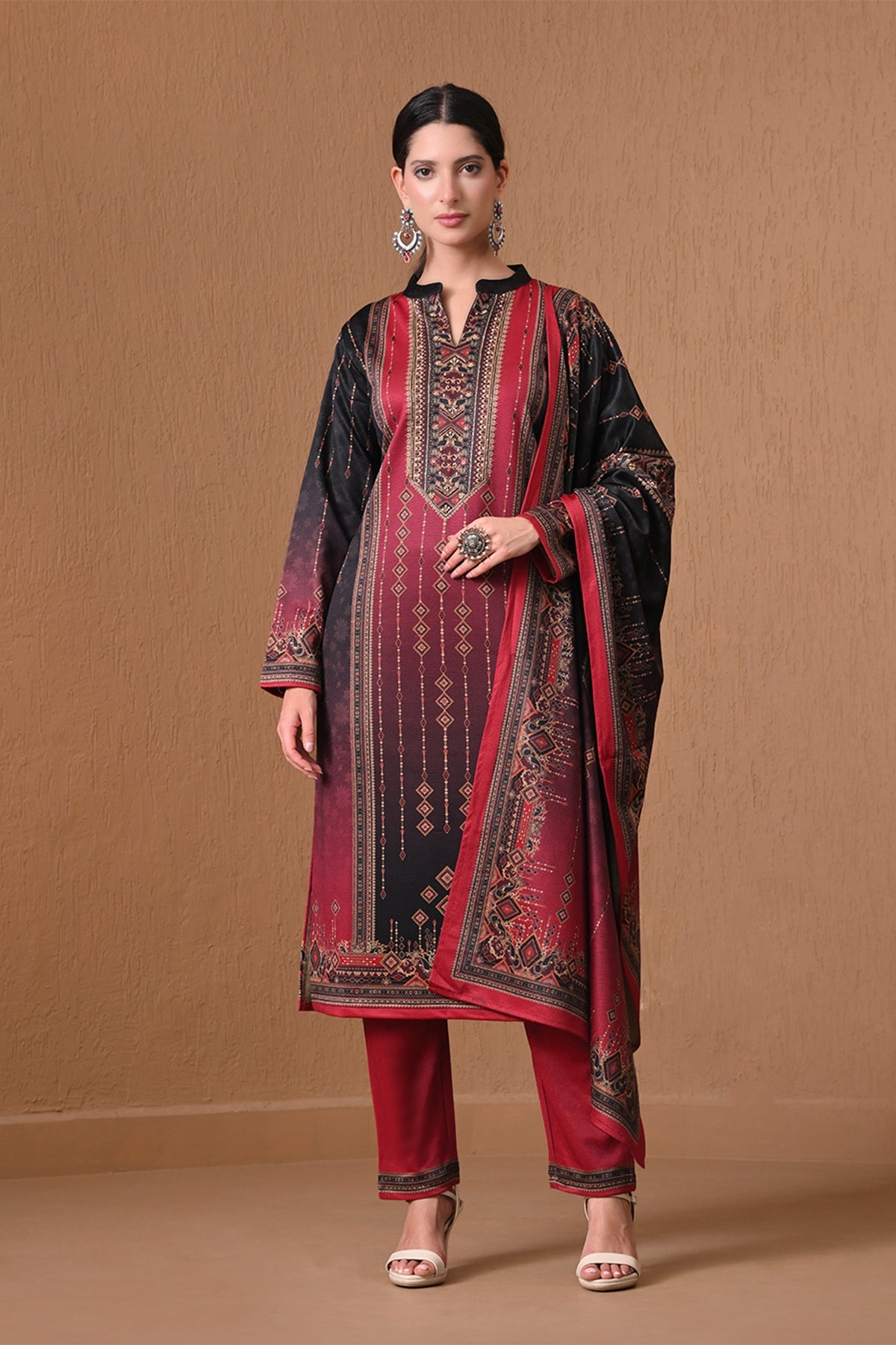 Winter Red and Black Ombre Printed Kurta 3 Pcs Set