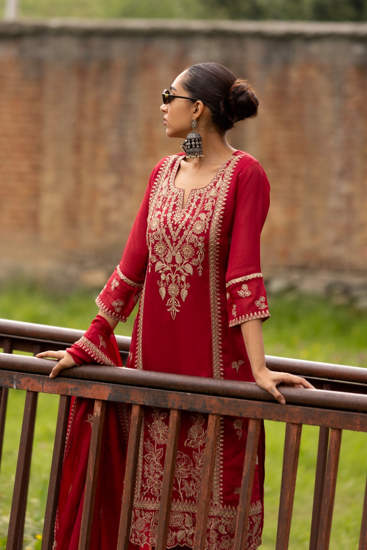 Maroon Gold-Embroidered 3 Pcs Kurta Set