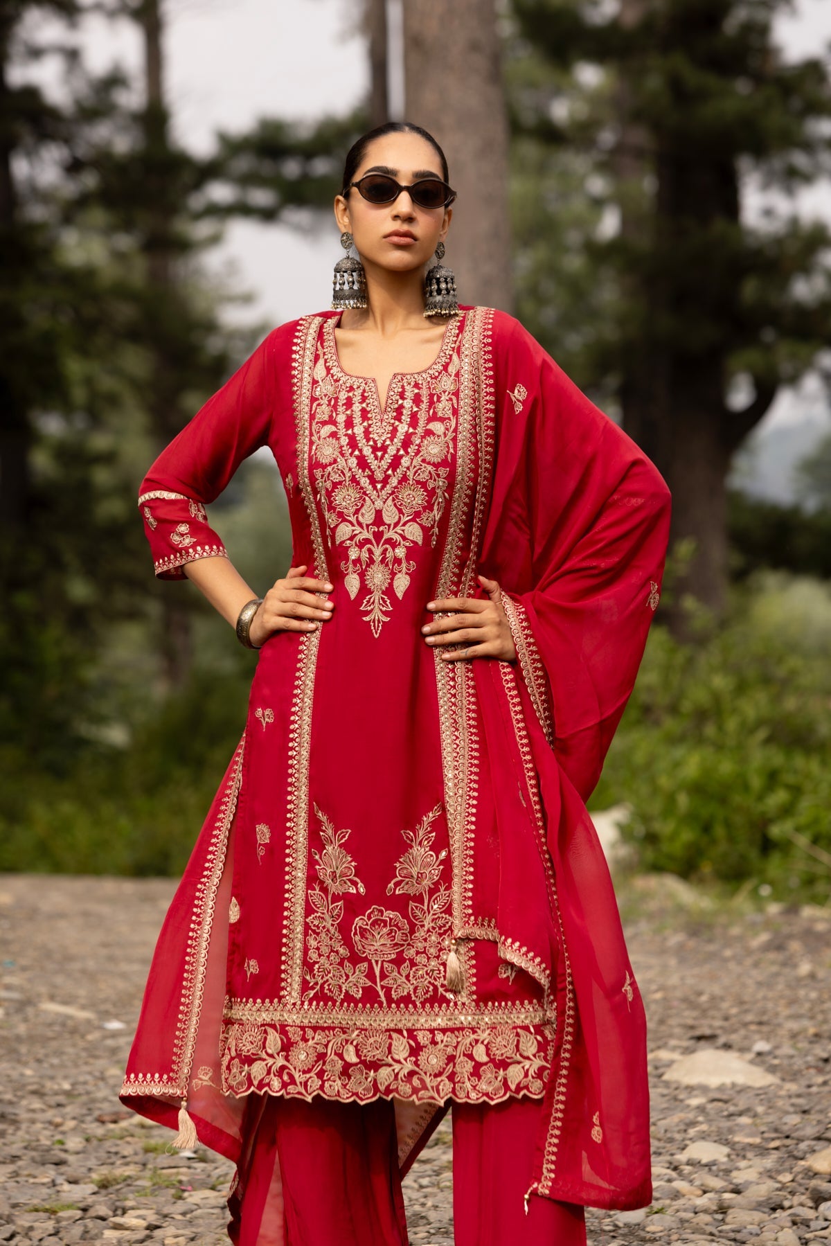 Maroon Gold-Embroidered 3 Pcs Kurta Set