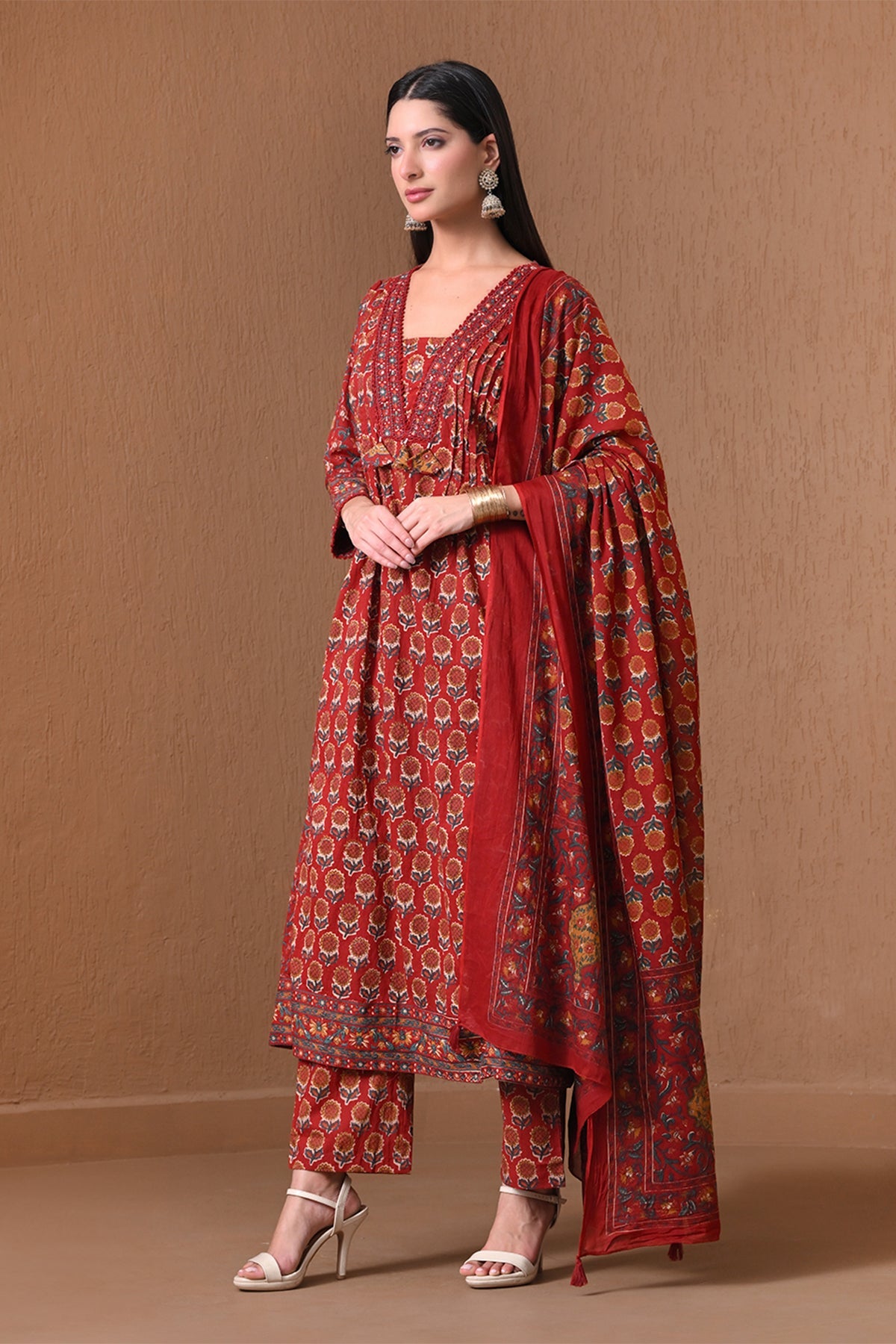 Maroon Floral Printed Anarkali 3 Pcs Kurta Set