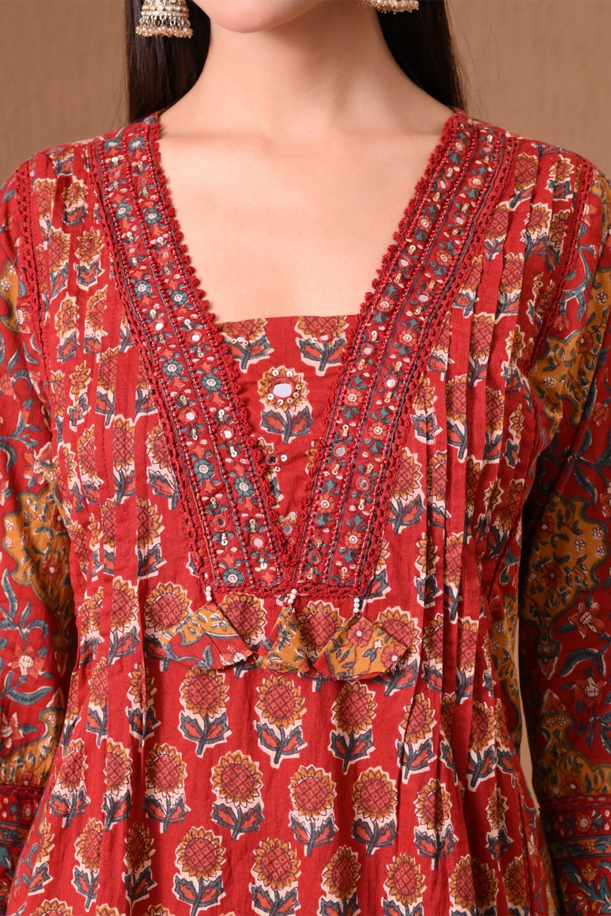Maroon Floral Printed Anarkali 3 Pcs Kurta Set