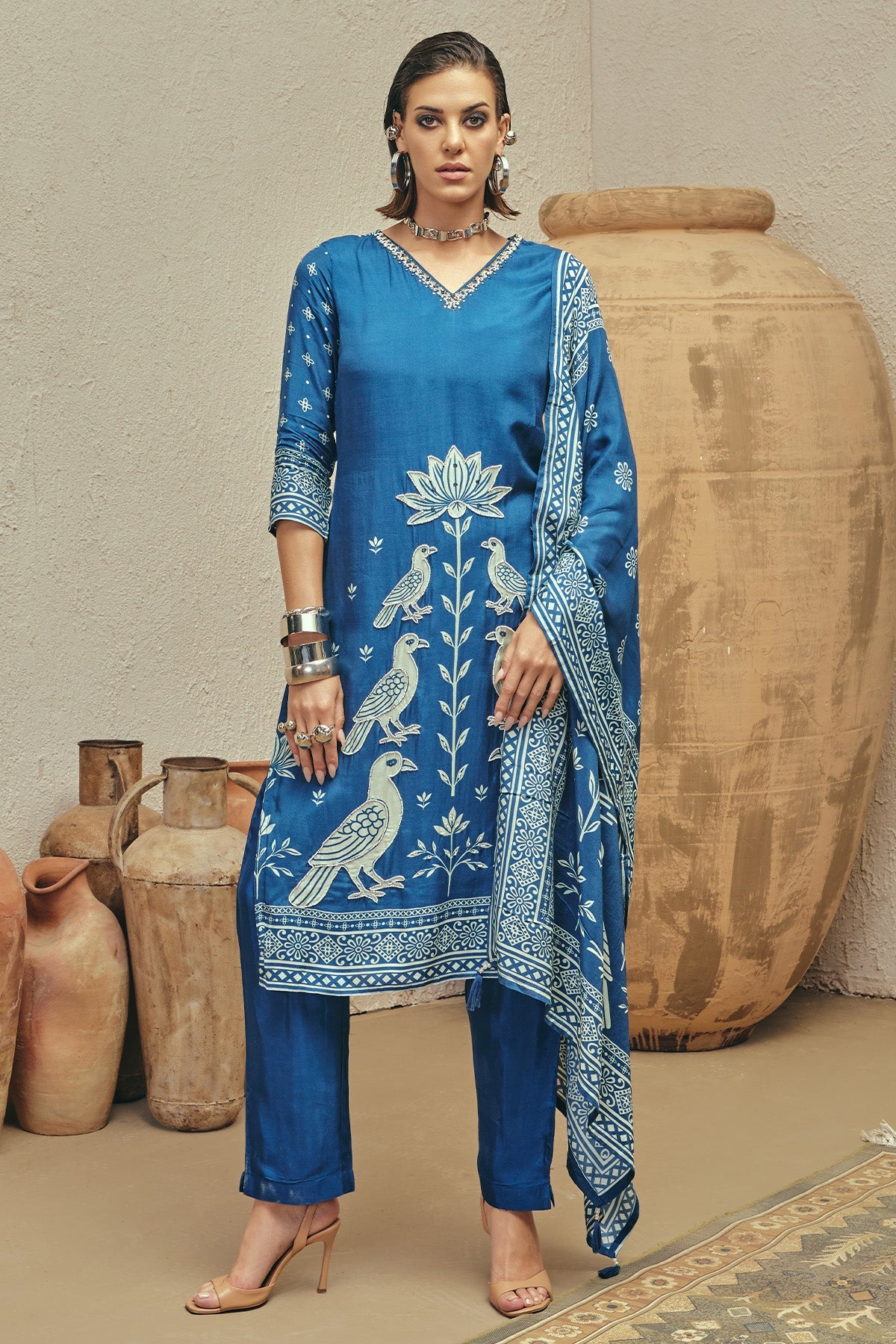 Blue Stone Embellished Kurta 3 Pcs Set