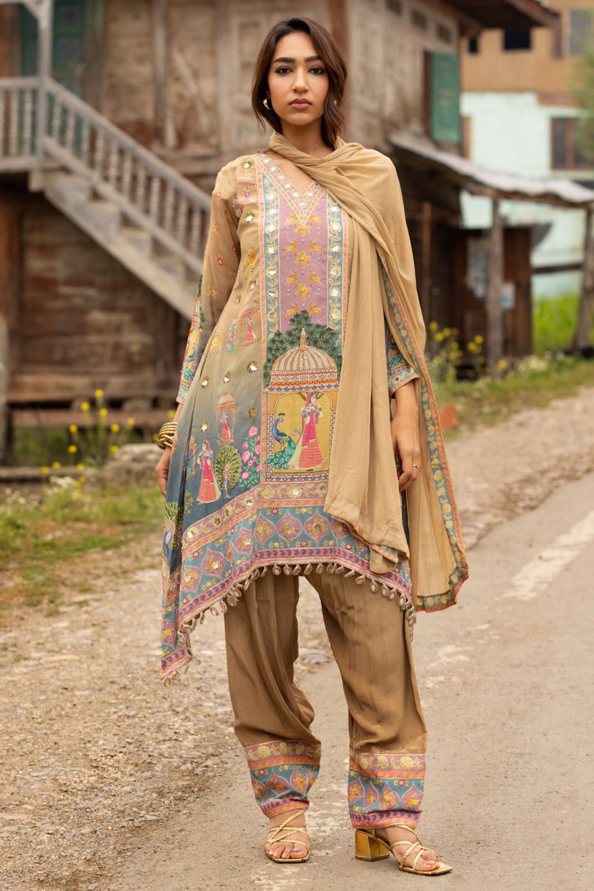 Multi Pichwai Printed Embellished 3 Pcs Kurta Set