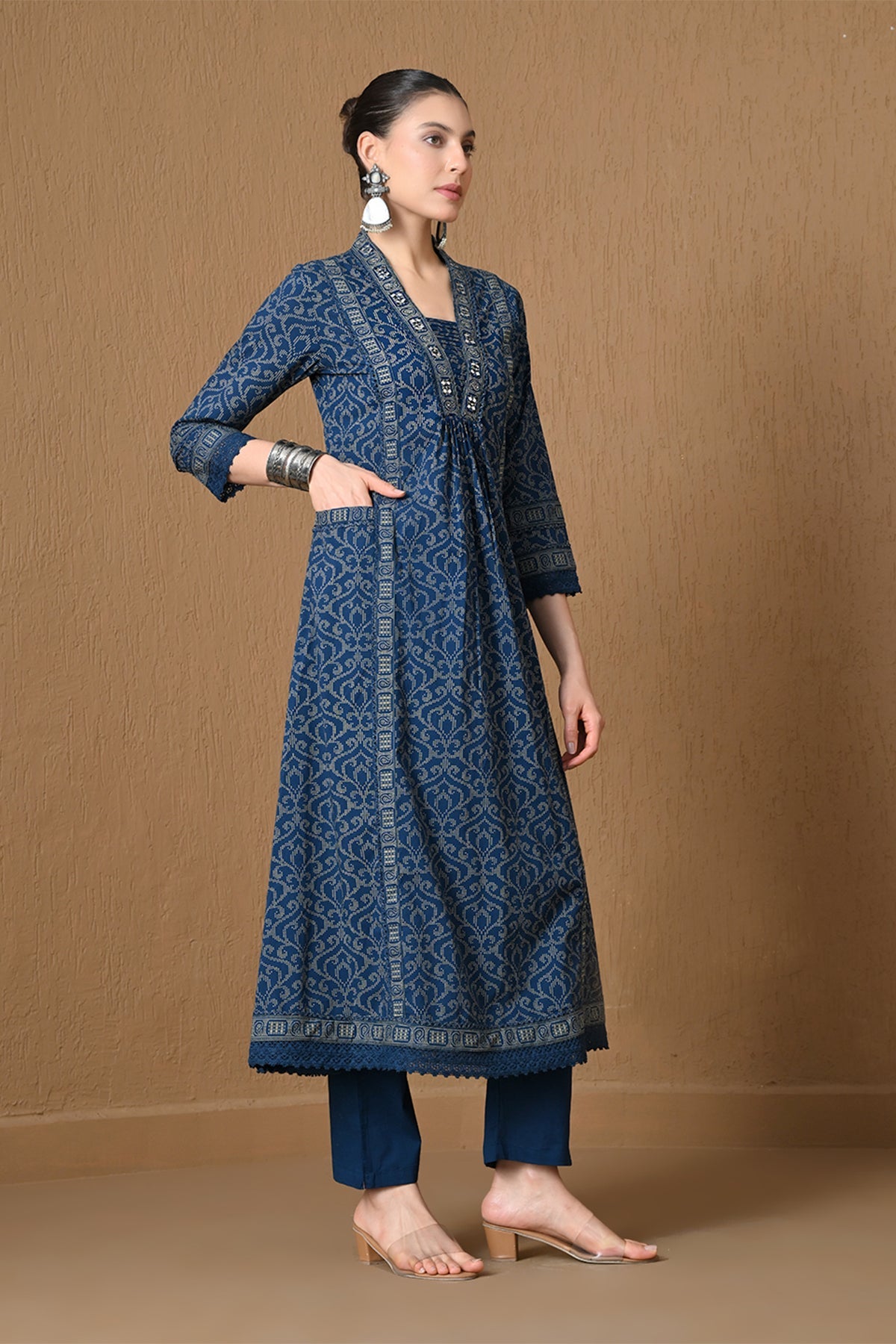 Indigo Blue Block Printed A-line 3 Pcs Kurta Set