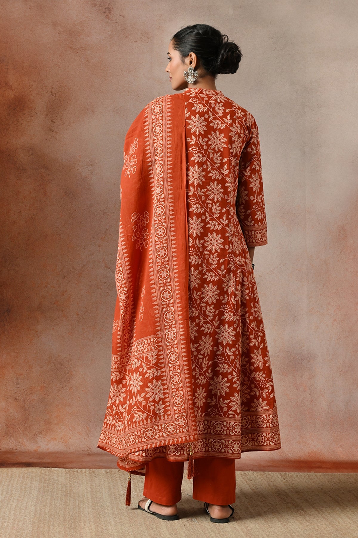 Rust Floral Print A-line 3 Pcs Kurta Set