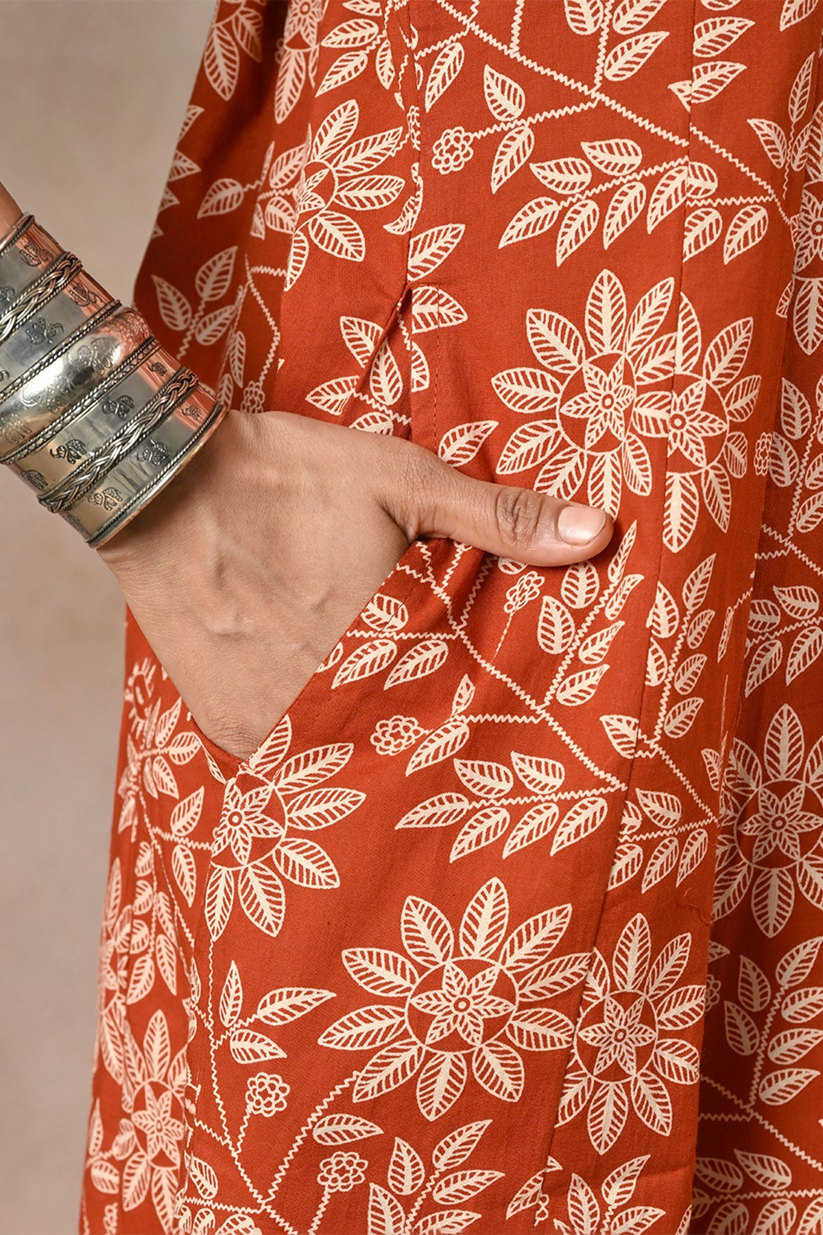 Rust Floral Print A-line 3 Pcs Kurta Set