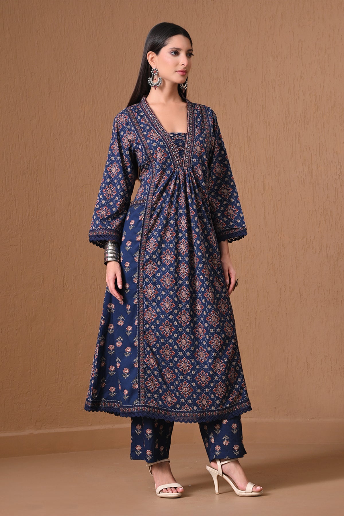 Indigo Blue Block Printed Anarkali 3 Pcs Kurta Set