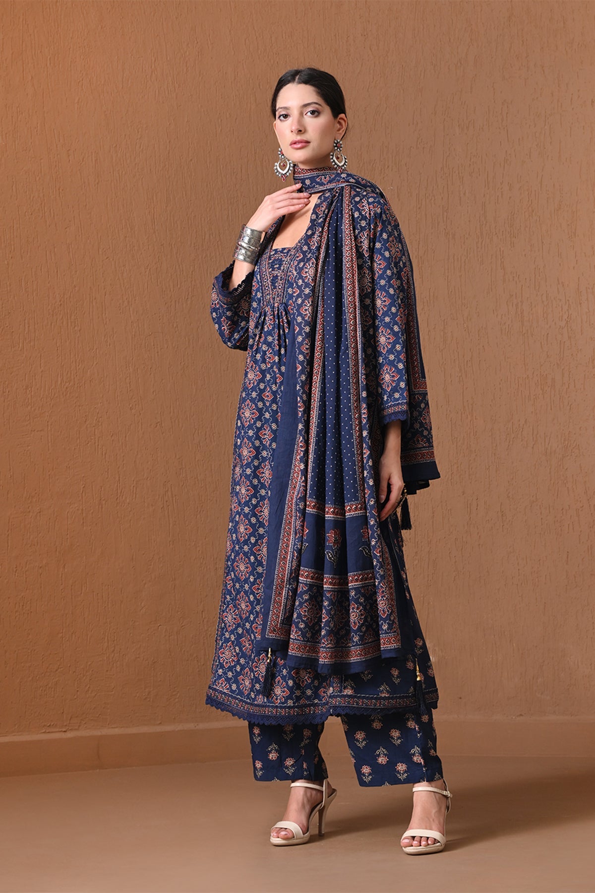 Indigo Blue Block Printed Anarkali 3 Pcs Kurta Set