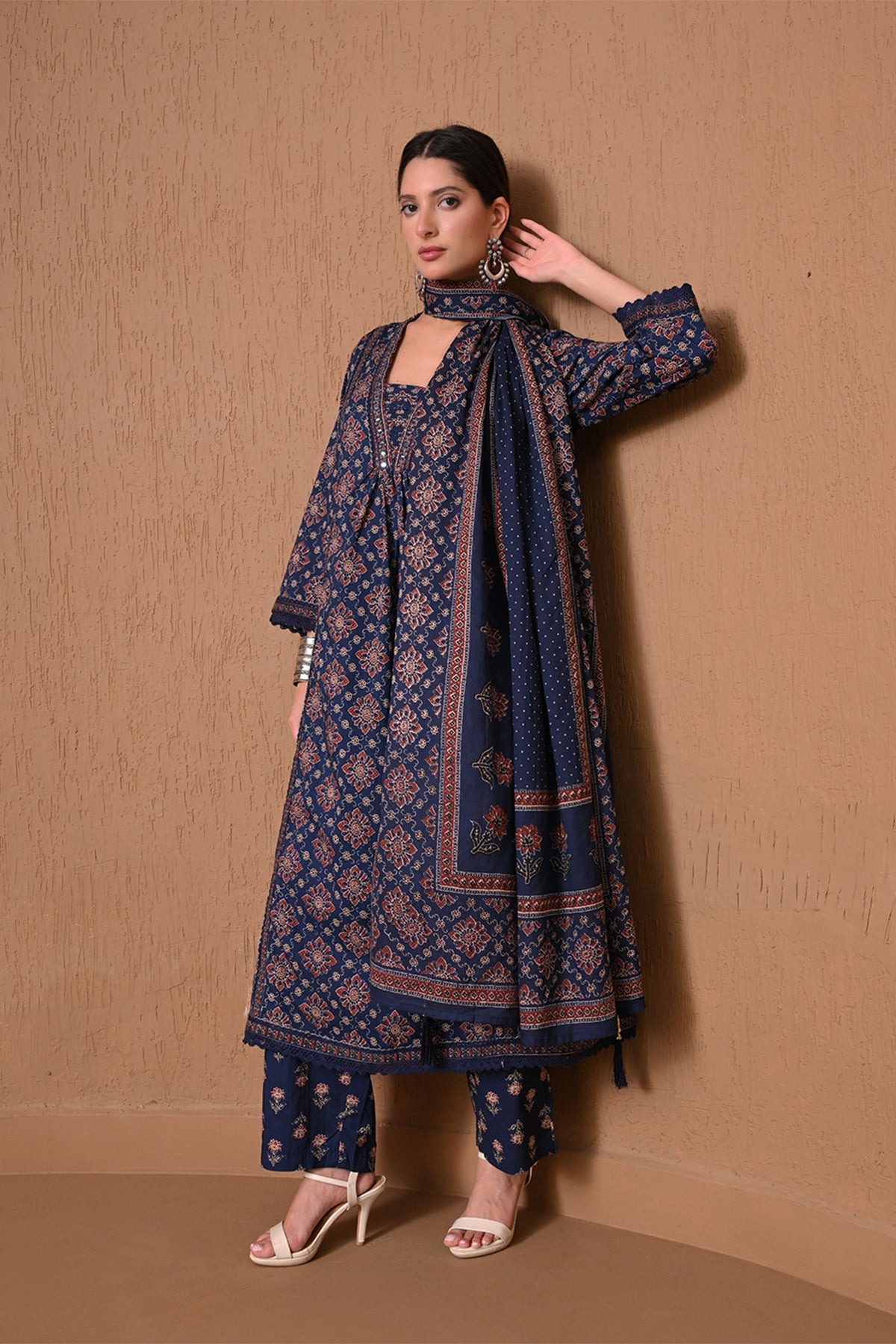 Indigo Blue Block Printed Anarkali 3 Pcs Kurta Set