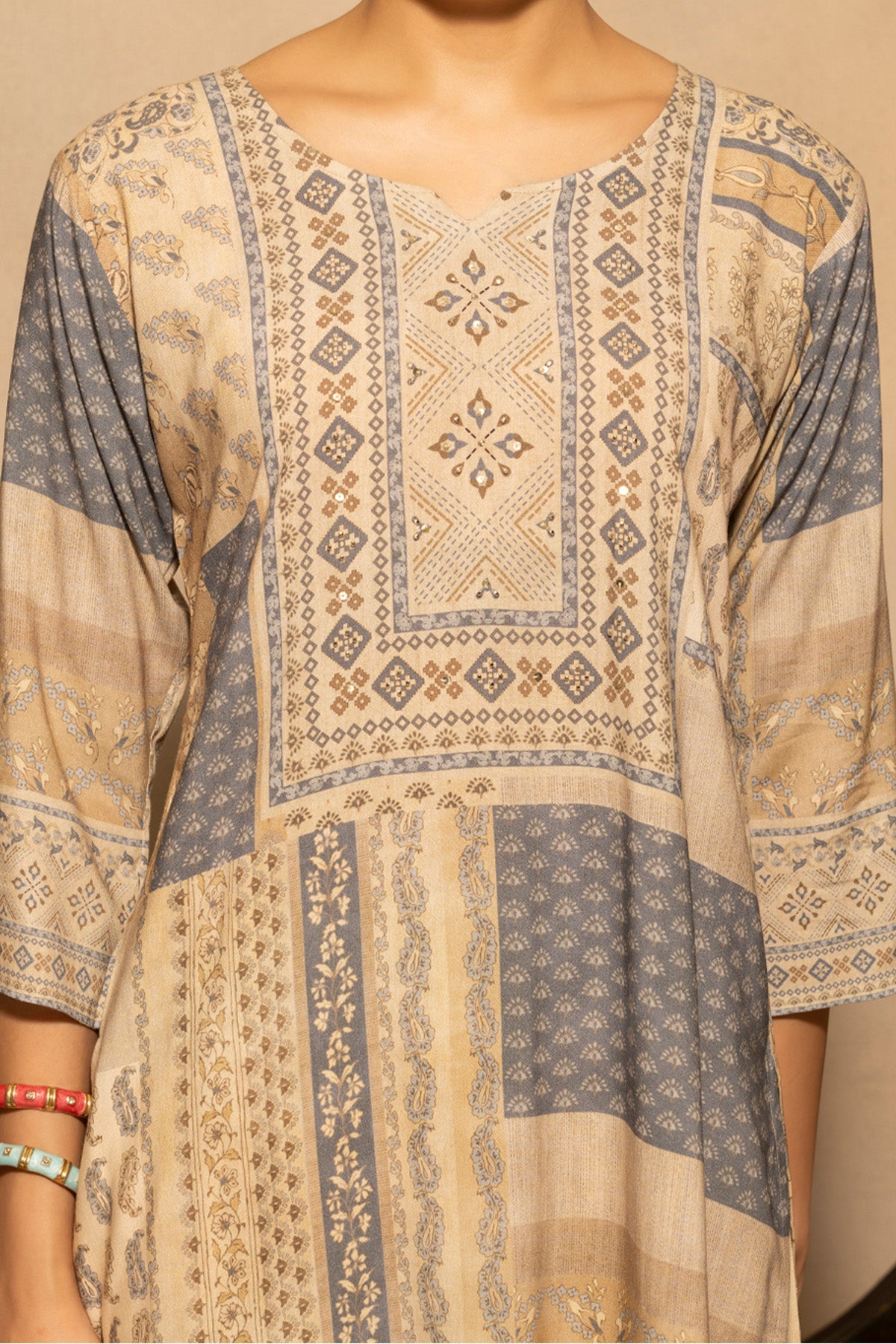 Beige Patchwork Printed 3 Pcs Kurta Set