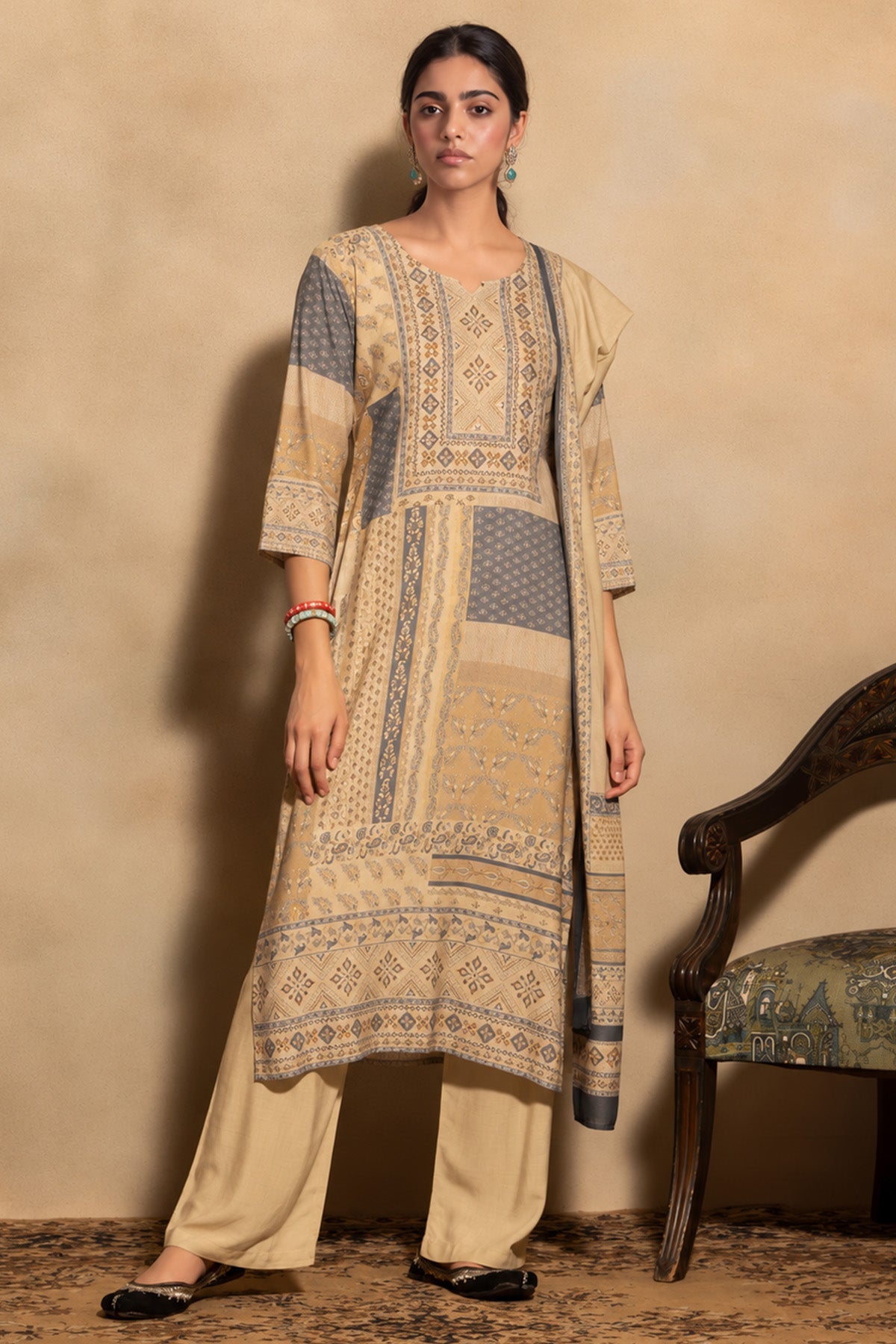 Beige Patchwork Printed 3 Pcs Kurta Set
