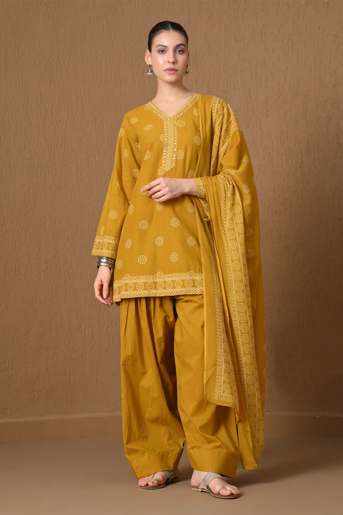 Mustard Printed 3 Pcs Kurta Set