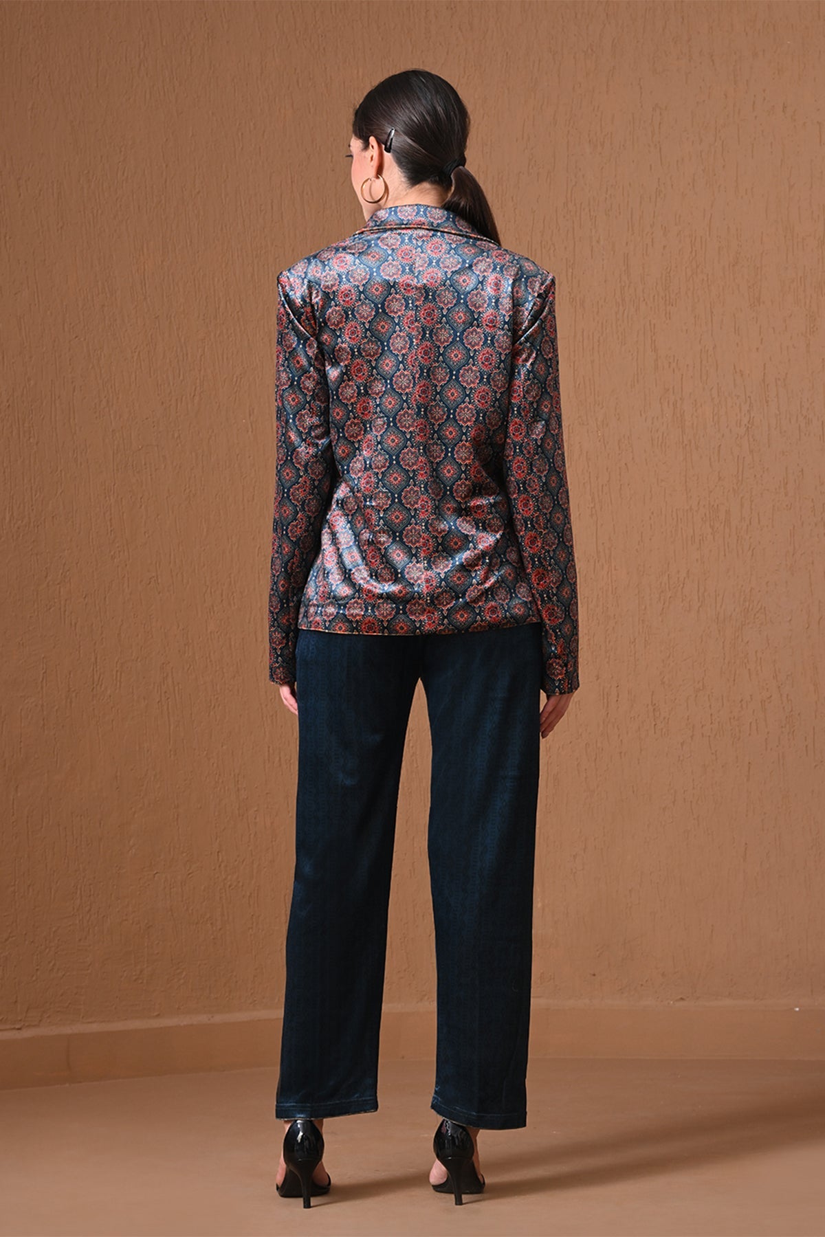 Winter Navy Blue Velvet Printed Coat Set