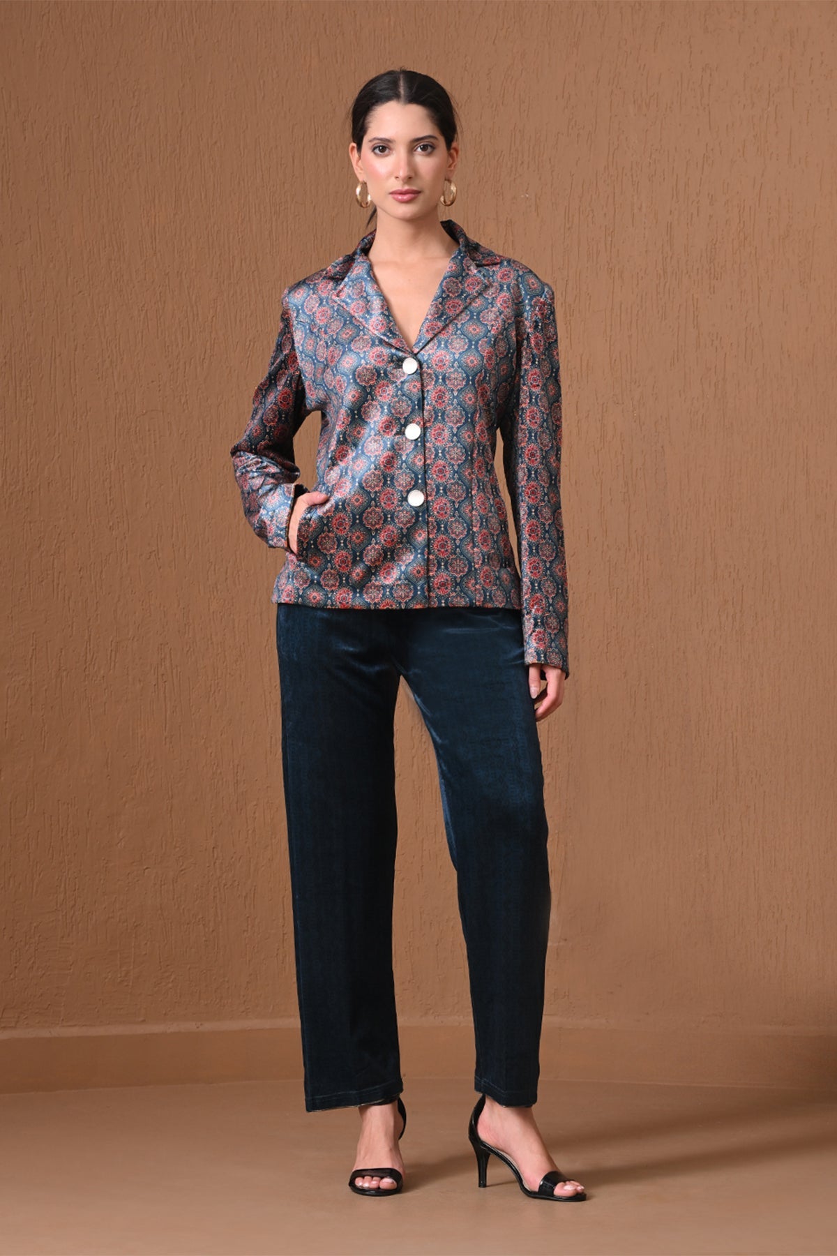 Winter Navy Blue Velvet Printed Coat Set