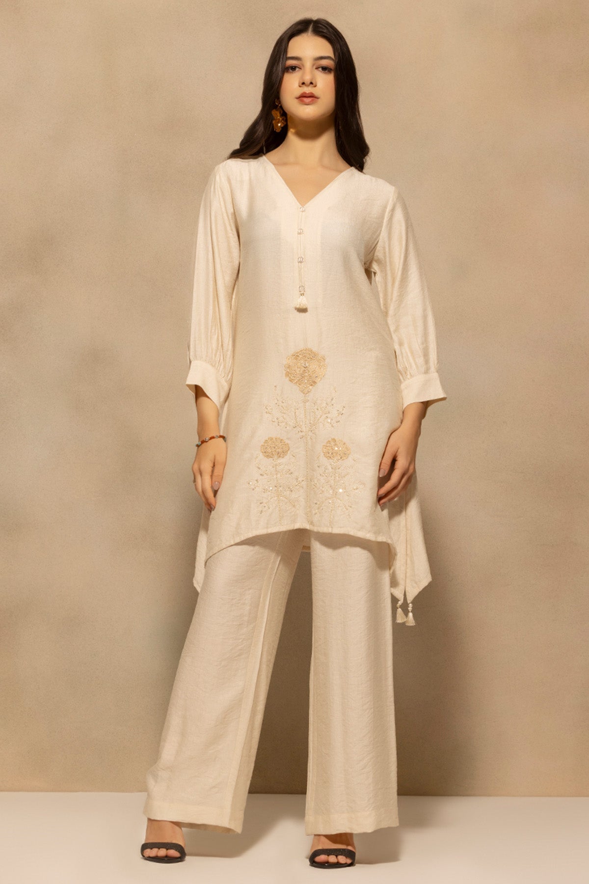 Cream Asymmetric Embroidered Co-Ord Set