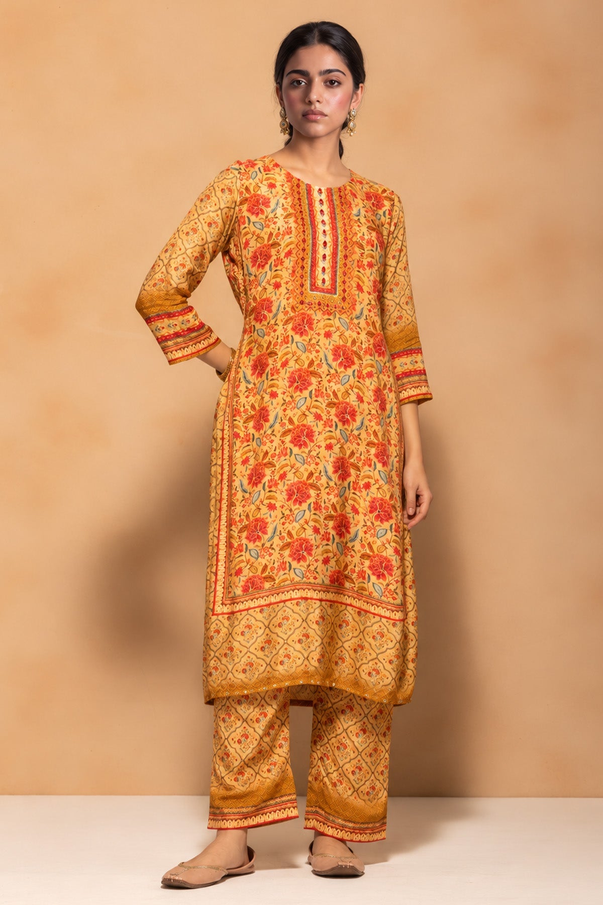 Beige Floral Printed 3 Pcs Kurta Set