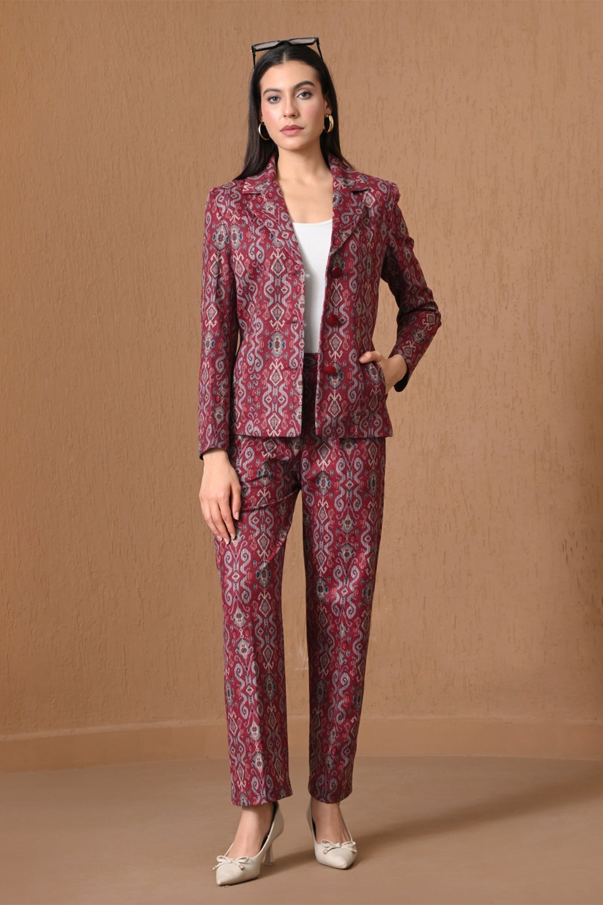 Winter Red Ikat Printed Woven Coat Set