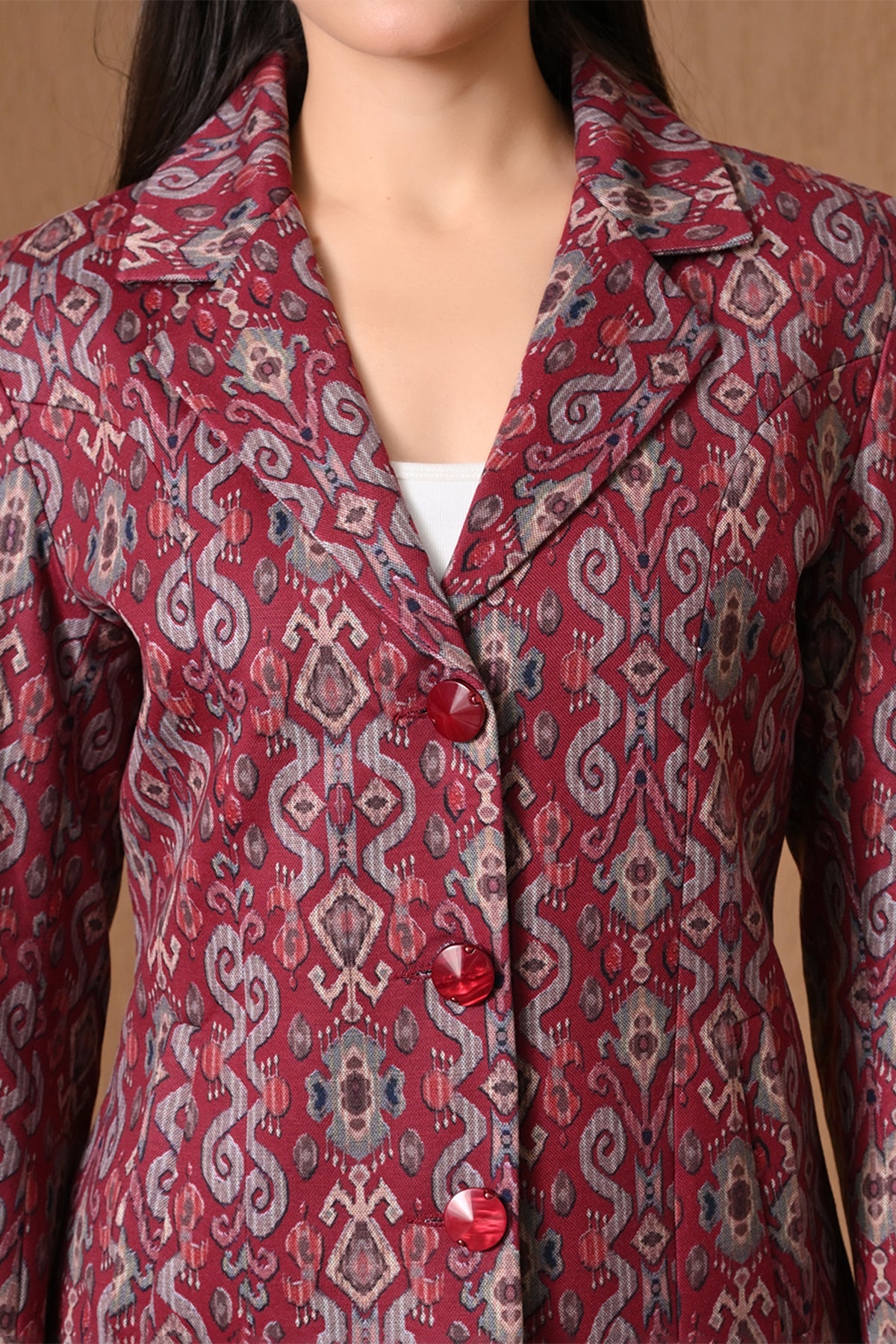 Winter Red Ikat Printed Woven Coat Set