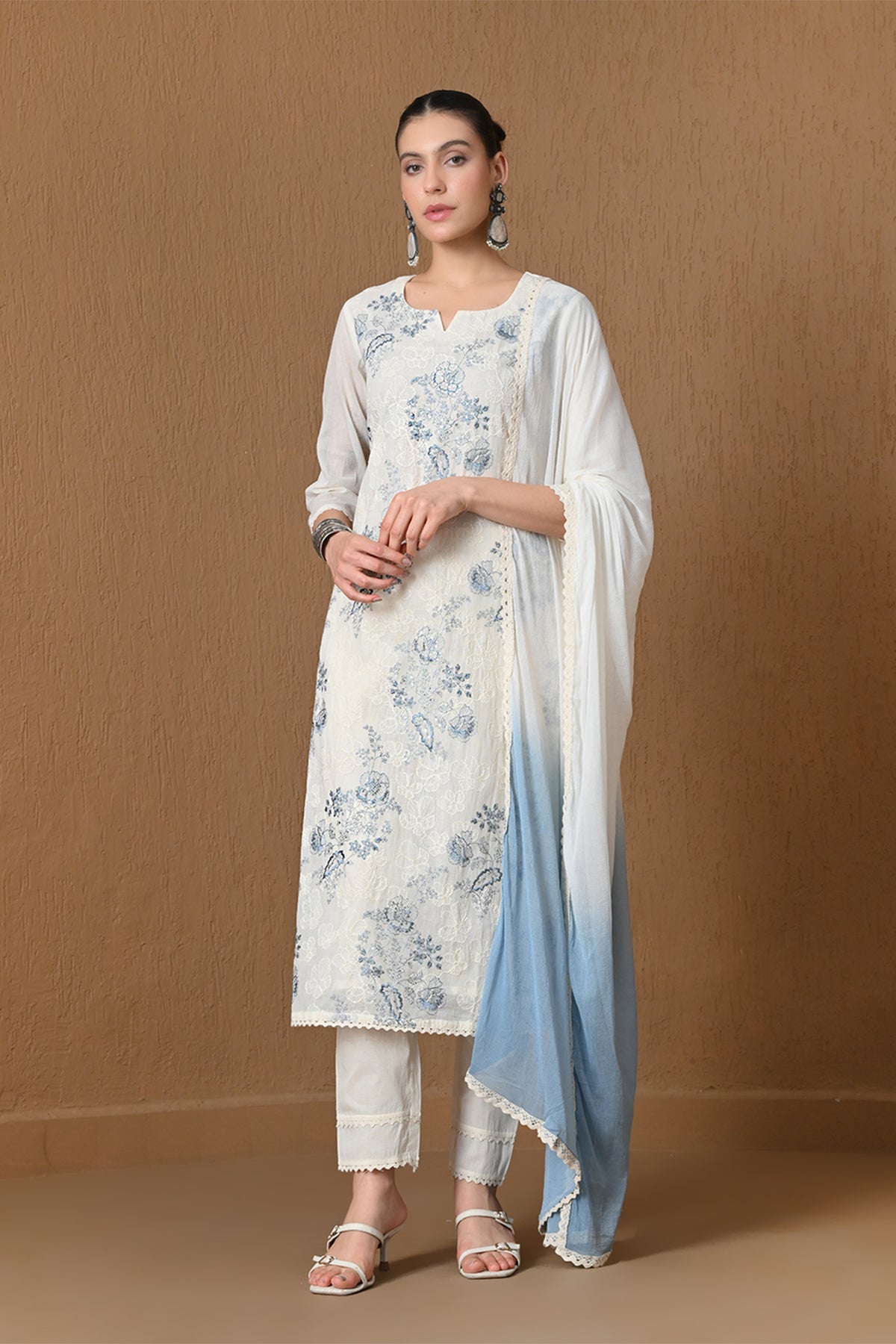 Cream Floral Embroidered 3 Pcs Kurta Set