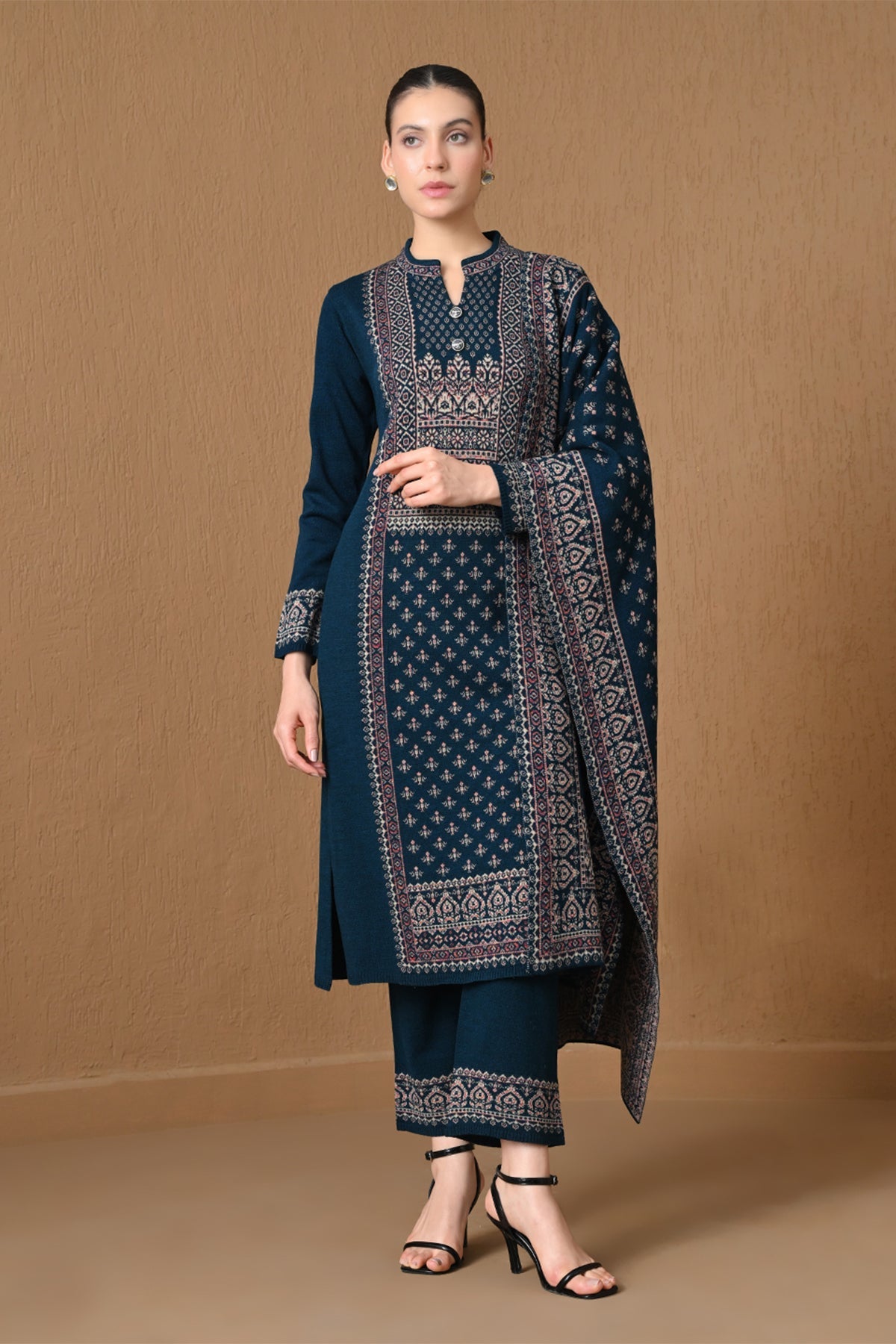 Winter Green Jacquard Knitted Kurta 3 Pcs Set