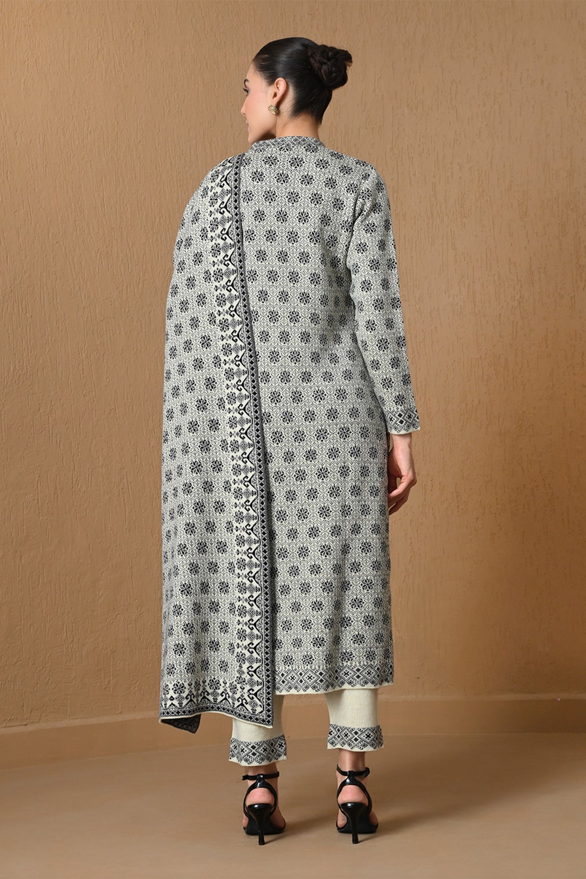 Winter Cream Jacquard Knitted Kurta 3 Pcs Set