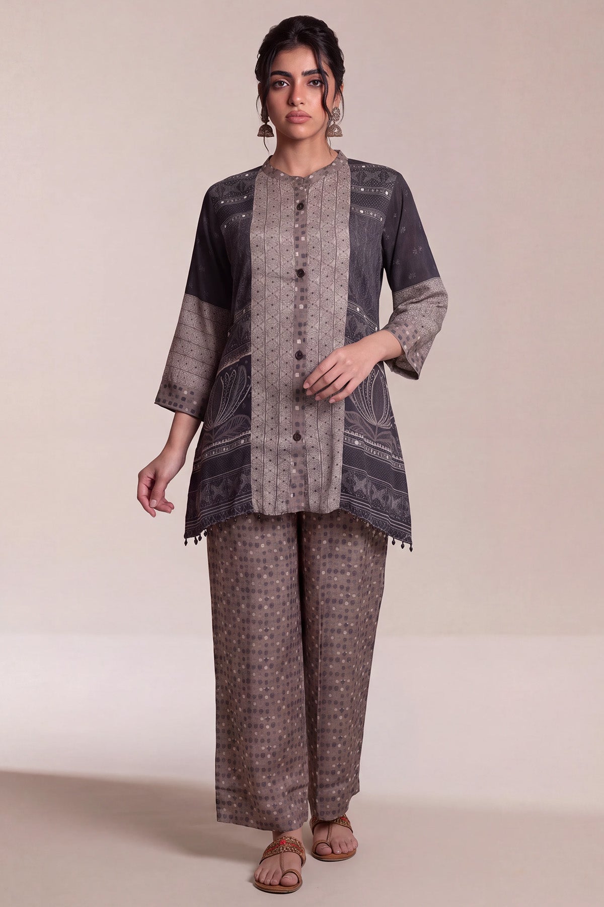 Graphite Grey Crepe Patchwork Print Co-ord Set