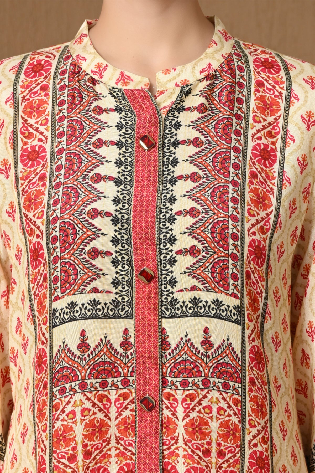 Beige & Red Floral Geometric Printed Co-ord Set
