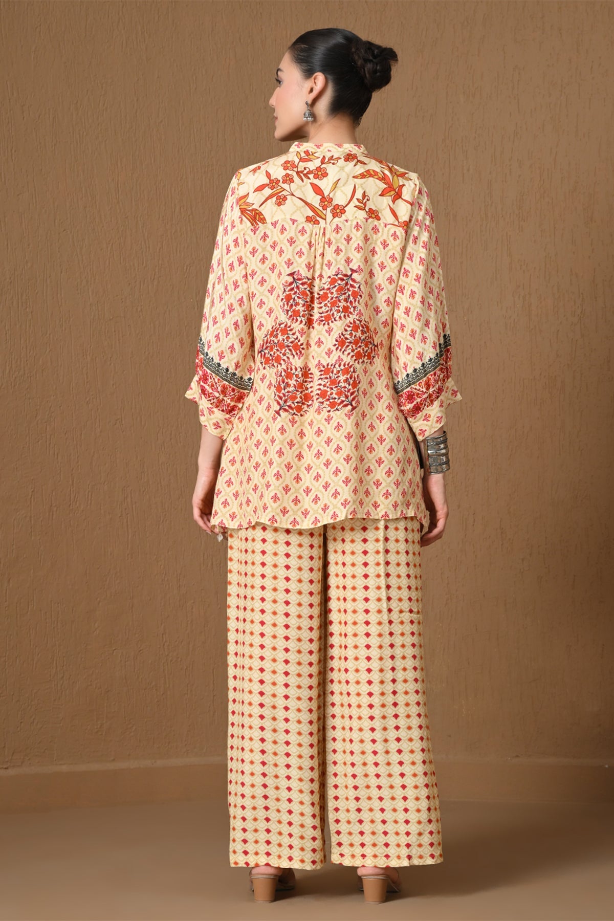 Beige & Red Floral Geometric Printed Co-ord Set